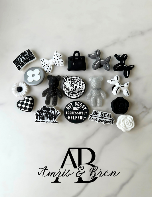 Stylish Black and White Croc compatible Charms | Monochrome Shoe Accessories | Trendy Clog Charms