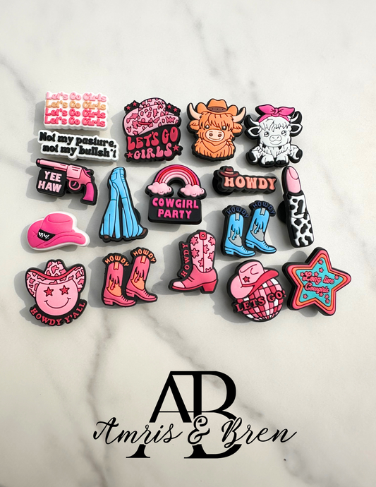 Cute Pink Western Croc compatible Charms | Fun Western Theme | Bell Bottoms, Cows & Cowboy Hats