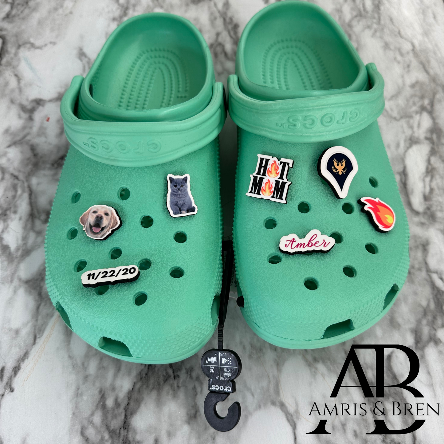 Croc compatible custom design shoe charms, picture charms, custom name, date charms