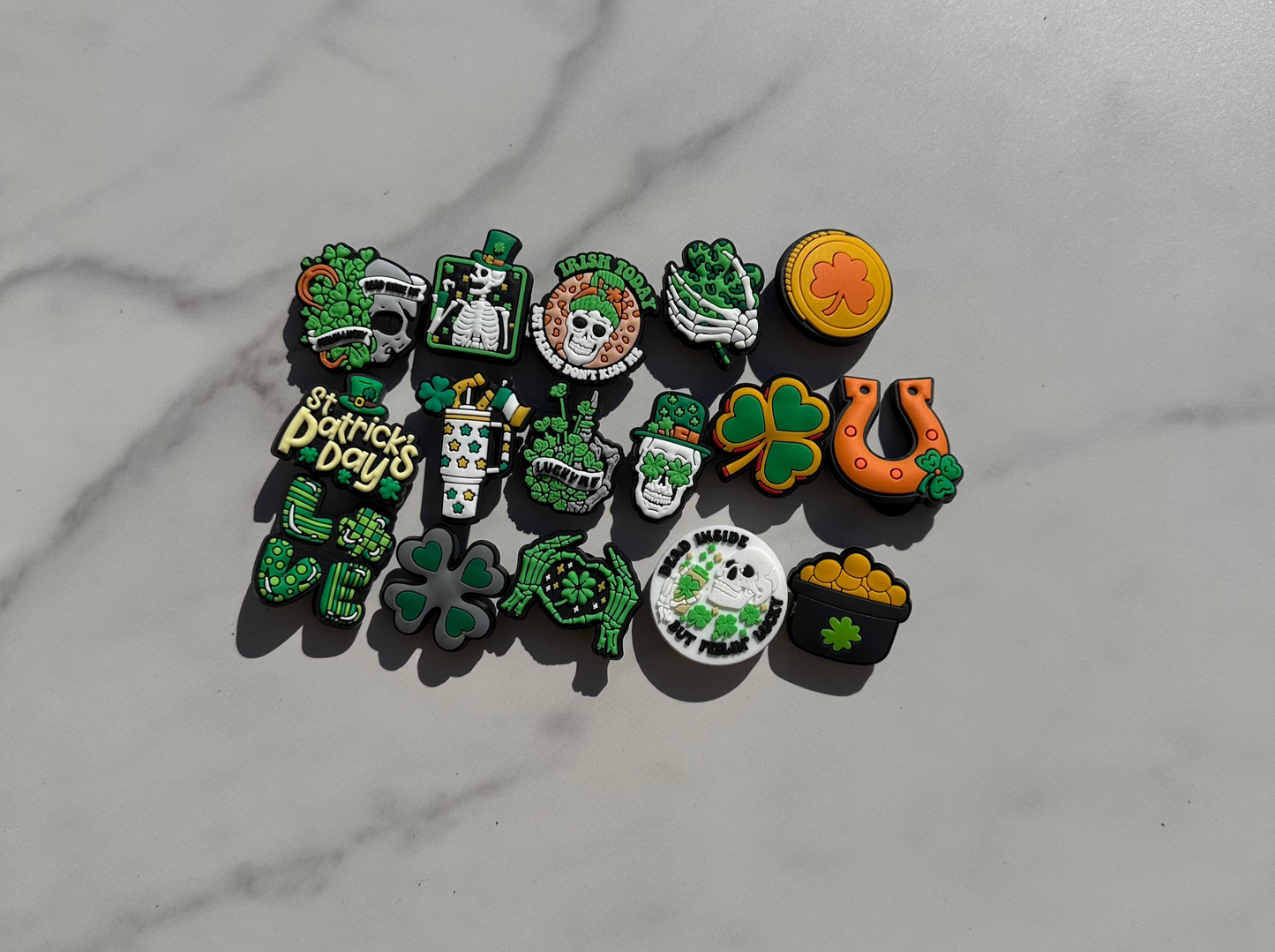 Croc compatible St. Patricks day Shoe charms, Green and gold themed charms for Crocs,