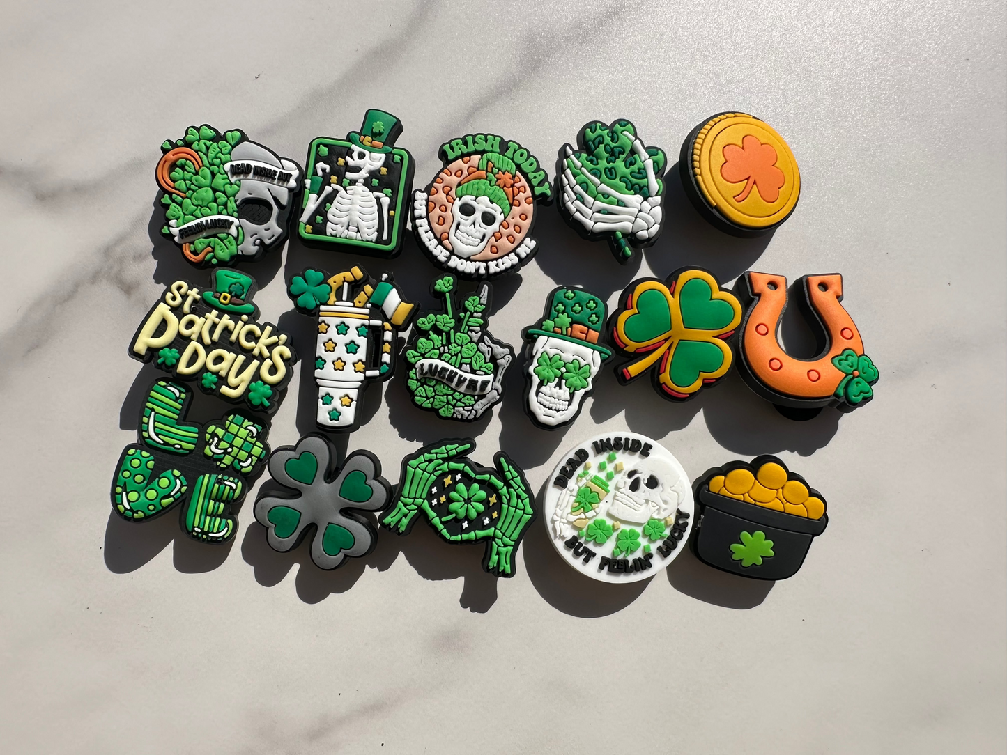 Croc compatible St. Patricks day Shoe charms, Green and gold themed charms for Crocs,