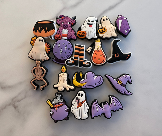 Cute purple, cream and orange witchy shoe charms for Crocs, Cute ghost charms for Crocs