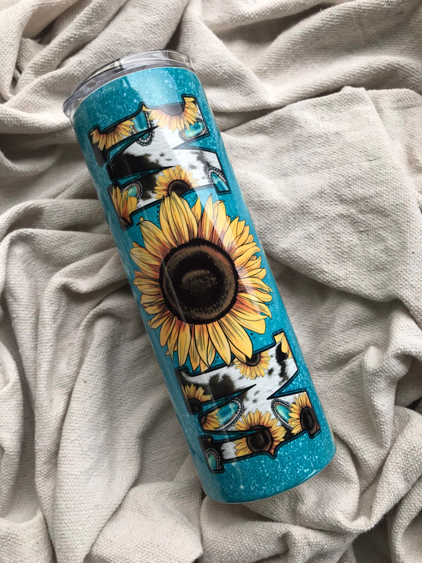 Women’s country sunflower and leopard 20oz stainless steel tumbler, western vibe blue glitter mom tumbler, cute women’s tumbler