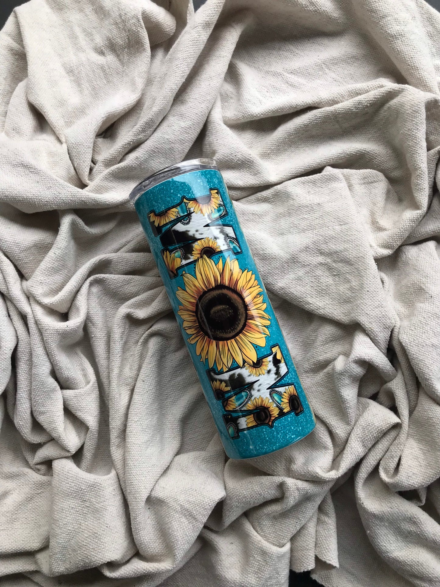 Women’s country sunflower and leopard 20oz stainless steel tumbler, western vibe blue glitter mom tumbler, cute women’s tumbler