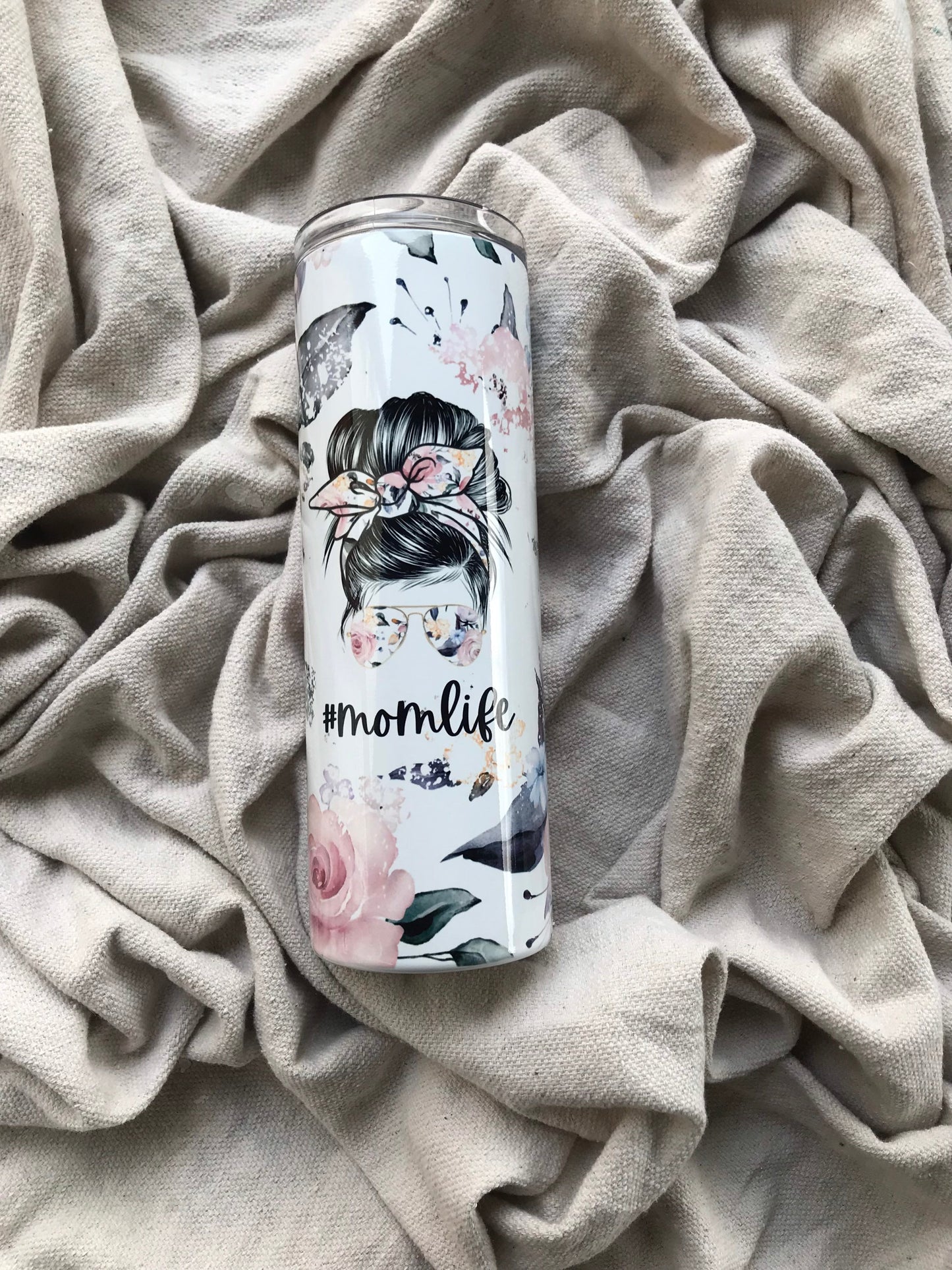 Floral #momlife 20oz stainless steel double wall tumbler, cute gifts for mom, messy bun mom life cup, popular cups for new moms