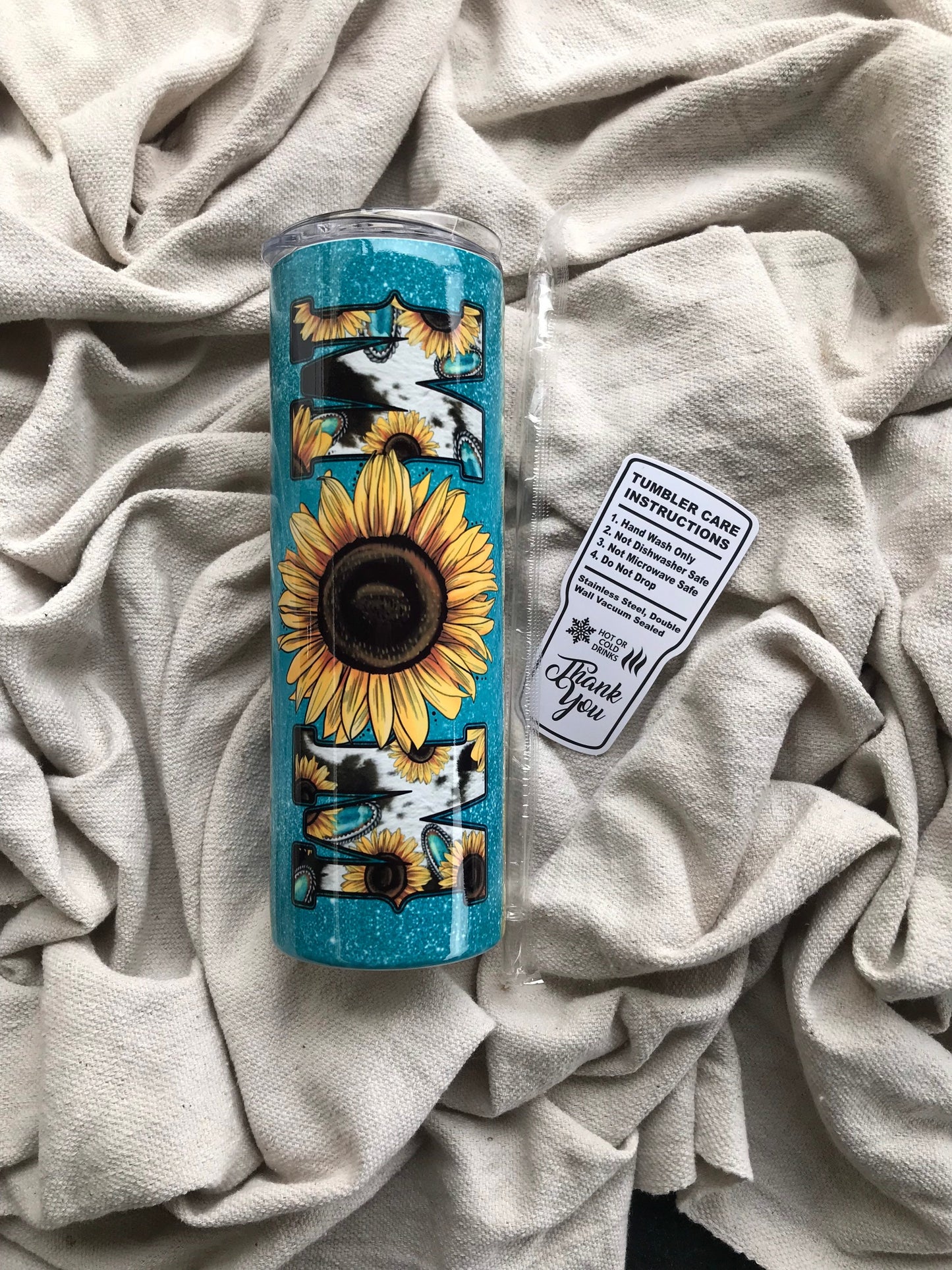 Women’s country sunflower and leopard 20oz stainless steel tumbler, western vibe blue glitter mom tumbler, cute women’s tumbler