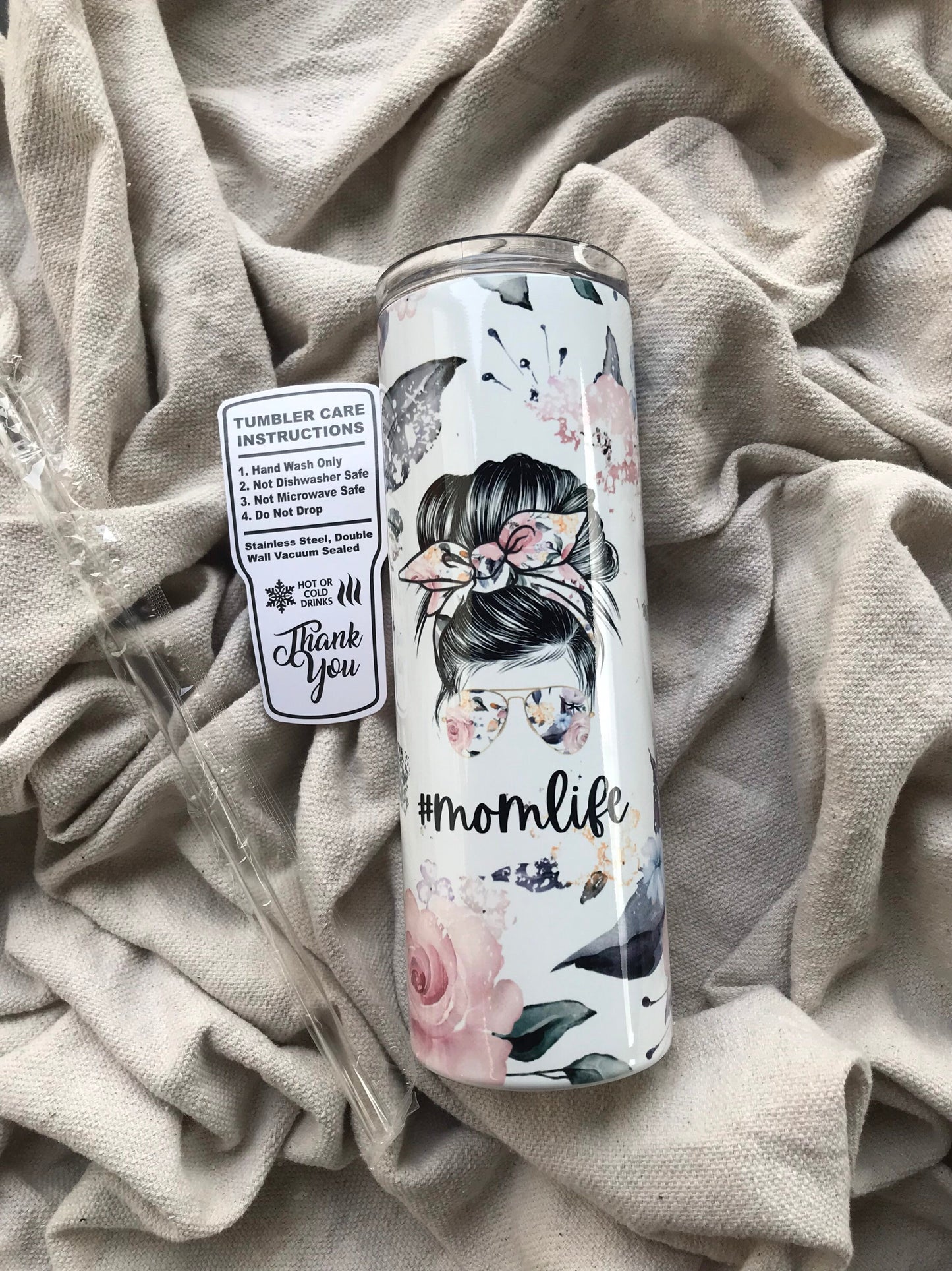 Floral #momlife 20oz stainless steel double wall tumbler, cute gifts for mom, messy bun mom life cup, popular cups for new moms