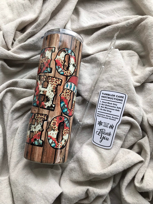 20 oz Country styled Christmas tumbler, ho ho ho stainless steel double wall tumbler, imitation wood plank and turquoise accented cup