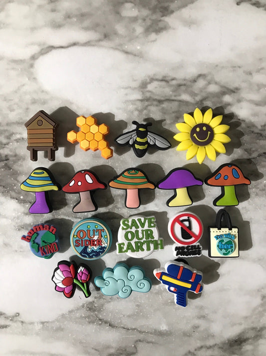 New popular save out earth charms for crocs, trending mushroom shoe charms, clog compatible bee and honey charms, outdoors charms