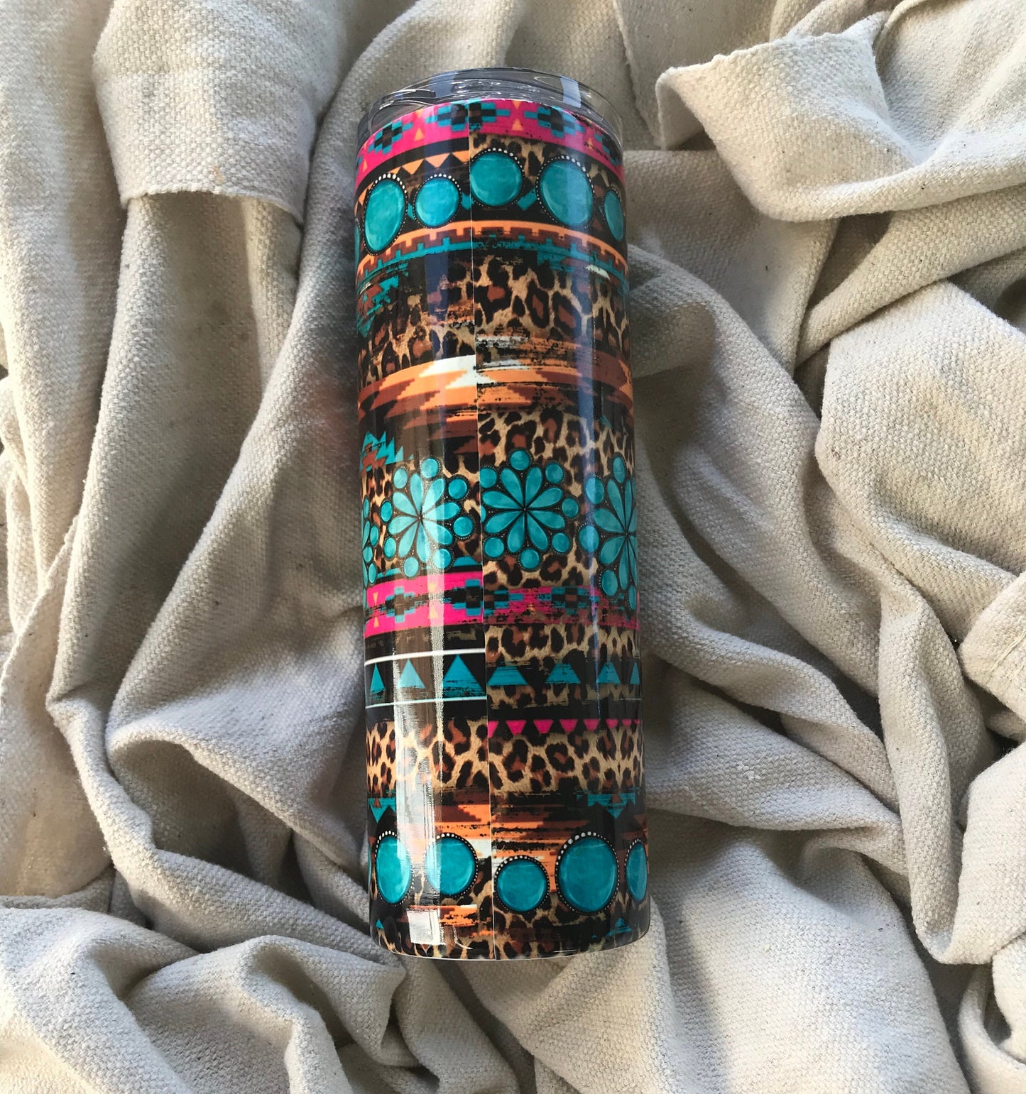 Western themed 20oz skinny tumbler, turquoise tumbler, Rustic tumbler with turquoise, cheetah print and tribal print