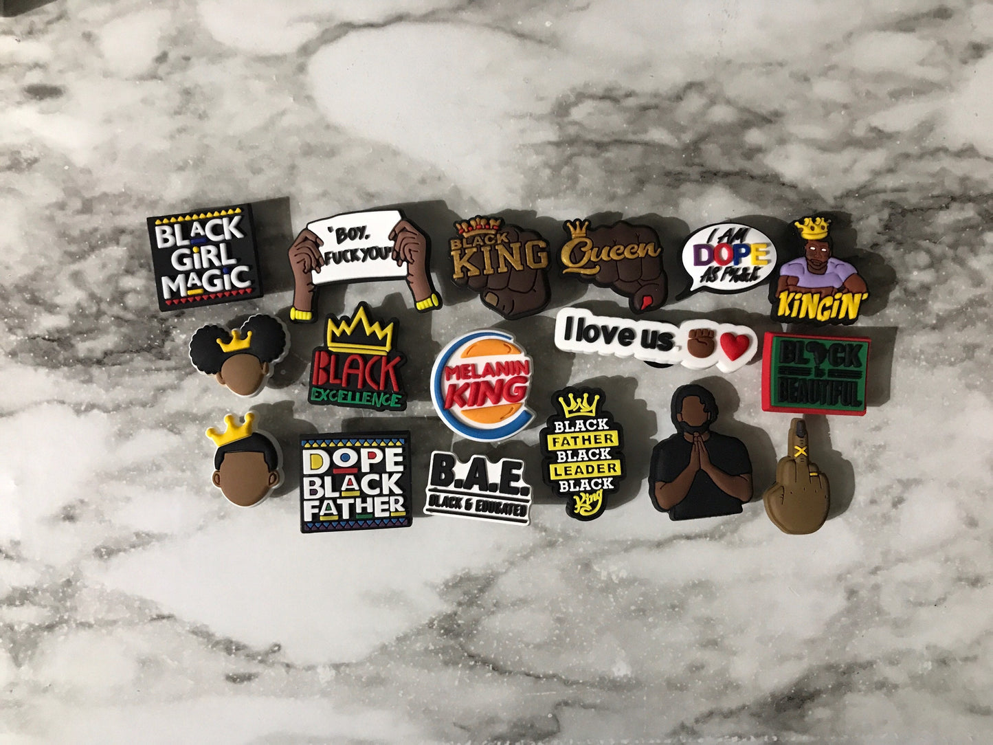 New trending black king & black queen shoe charms for your crocs, popular BGM charms, black excellence, melanin king, dope black father