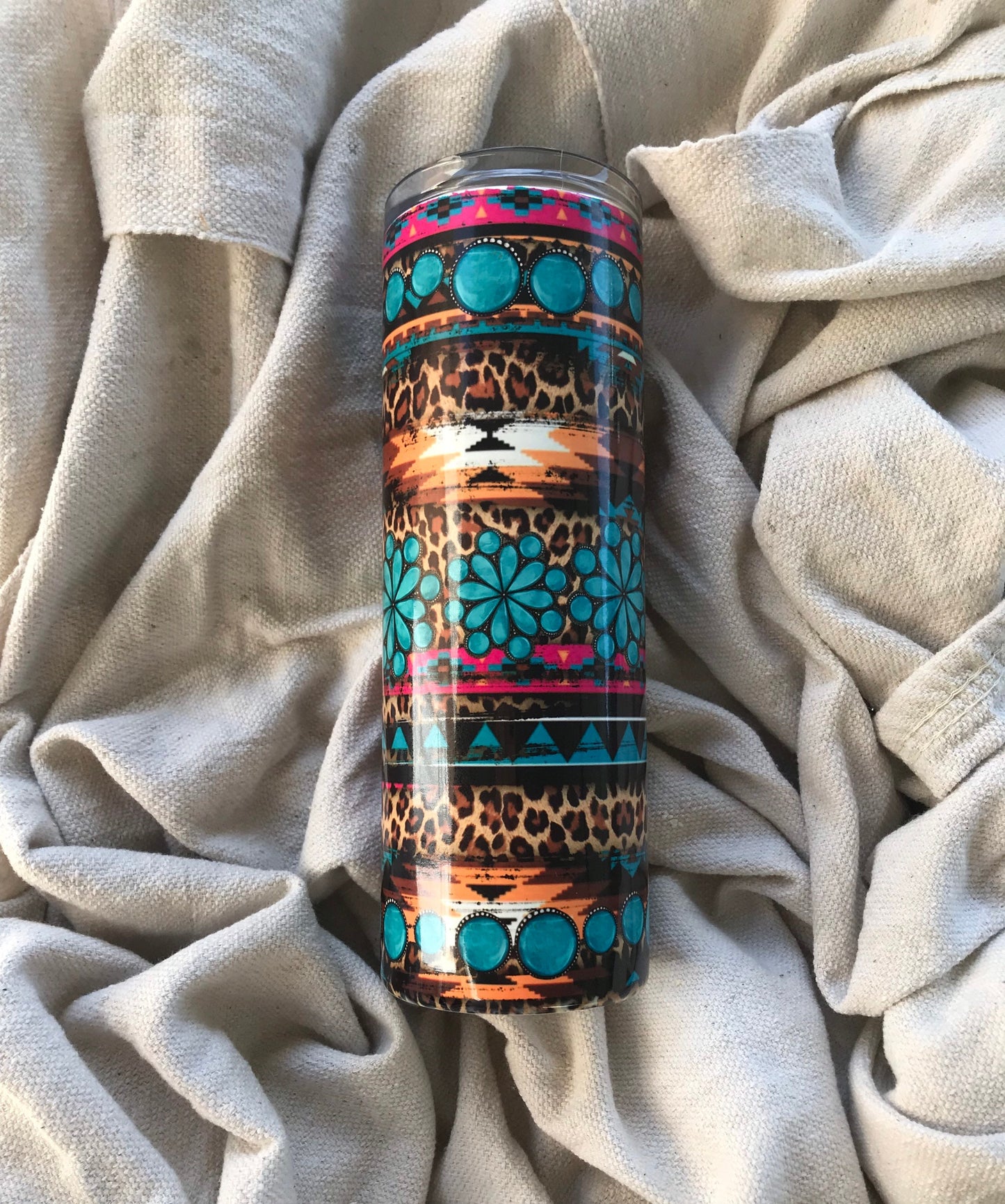 Western themed 20oz skinny tumbler, turquoise tumbler, Rustic tumbler with turquoise, cheetah print and tribal print