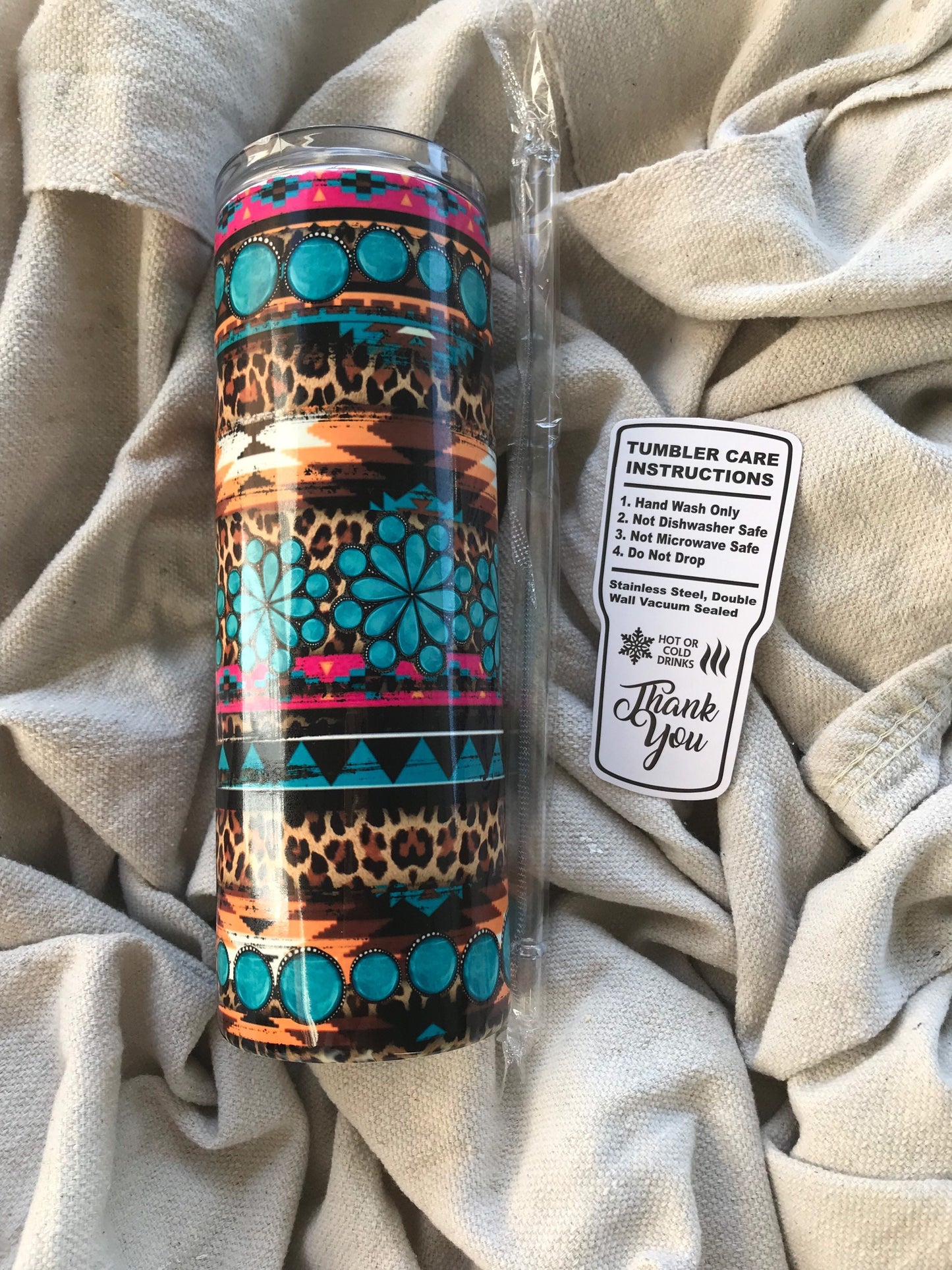 Western themed 20oz skinny tumbler, turquoise tumbler, Rustic tumbler with turquoise, cheetah print and tribal print