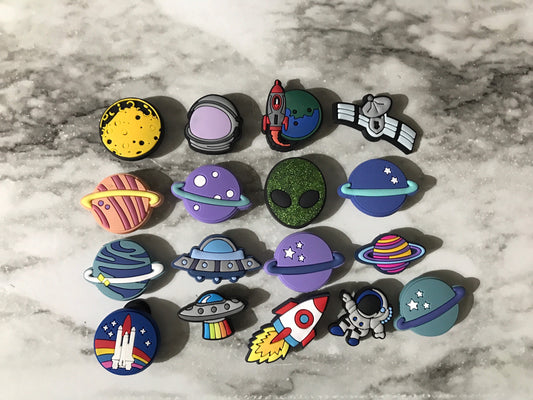 New popular outer space shoe charms for your crocs, planet shoe charms, croc compatible charms, clog charms, rocket ship, alien, spaceships