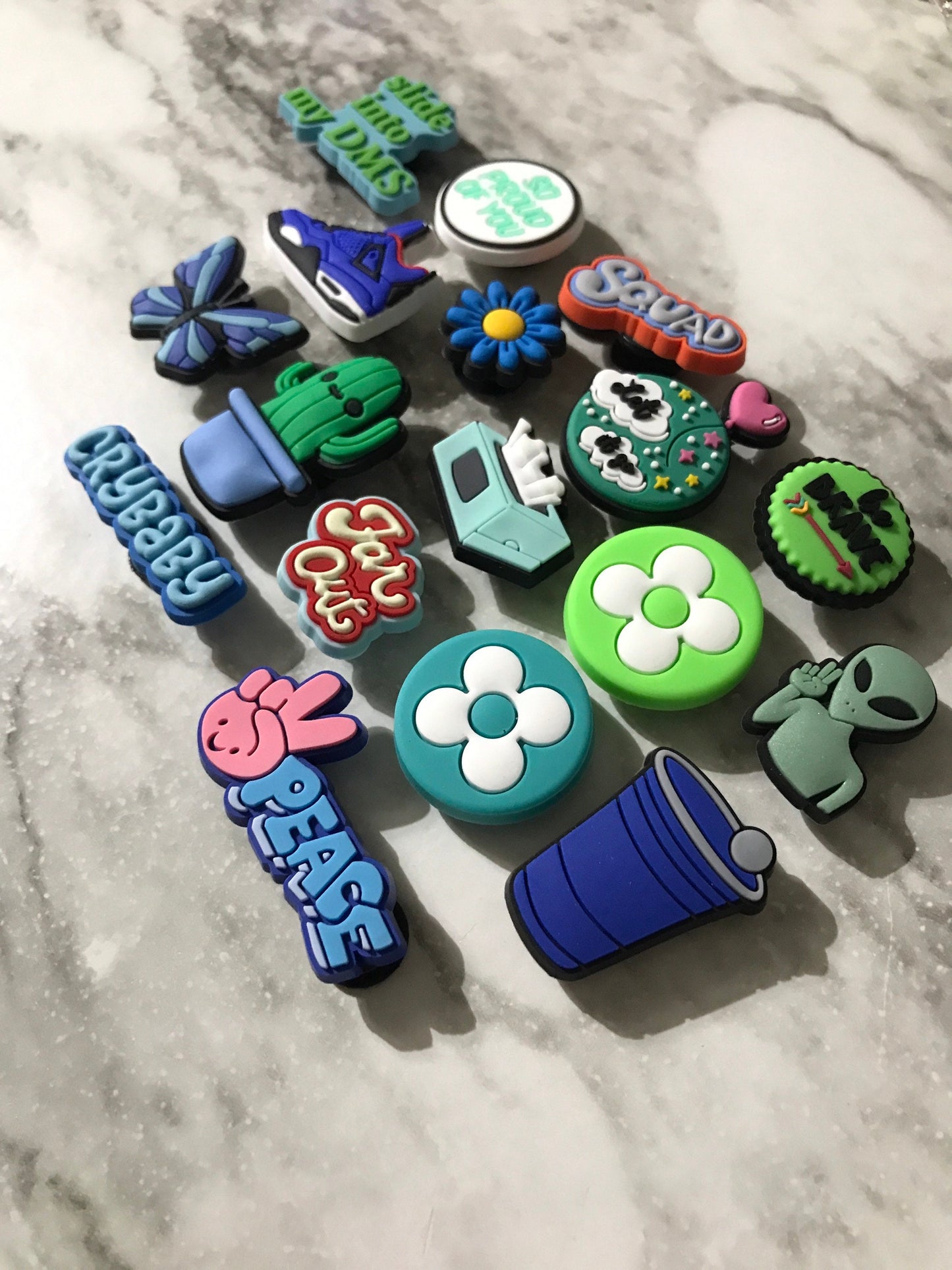 Green and blue Croc compatible shoe charms, slide into my dms shoe charm, popular tissue charms, green cactus charm, peace charm, blue charm