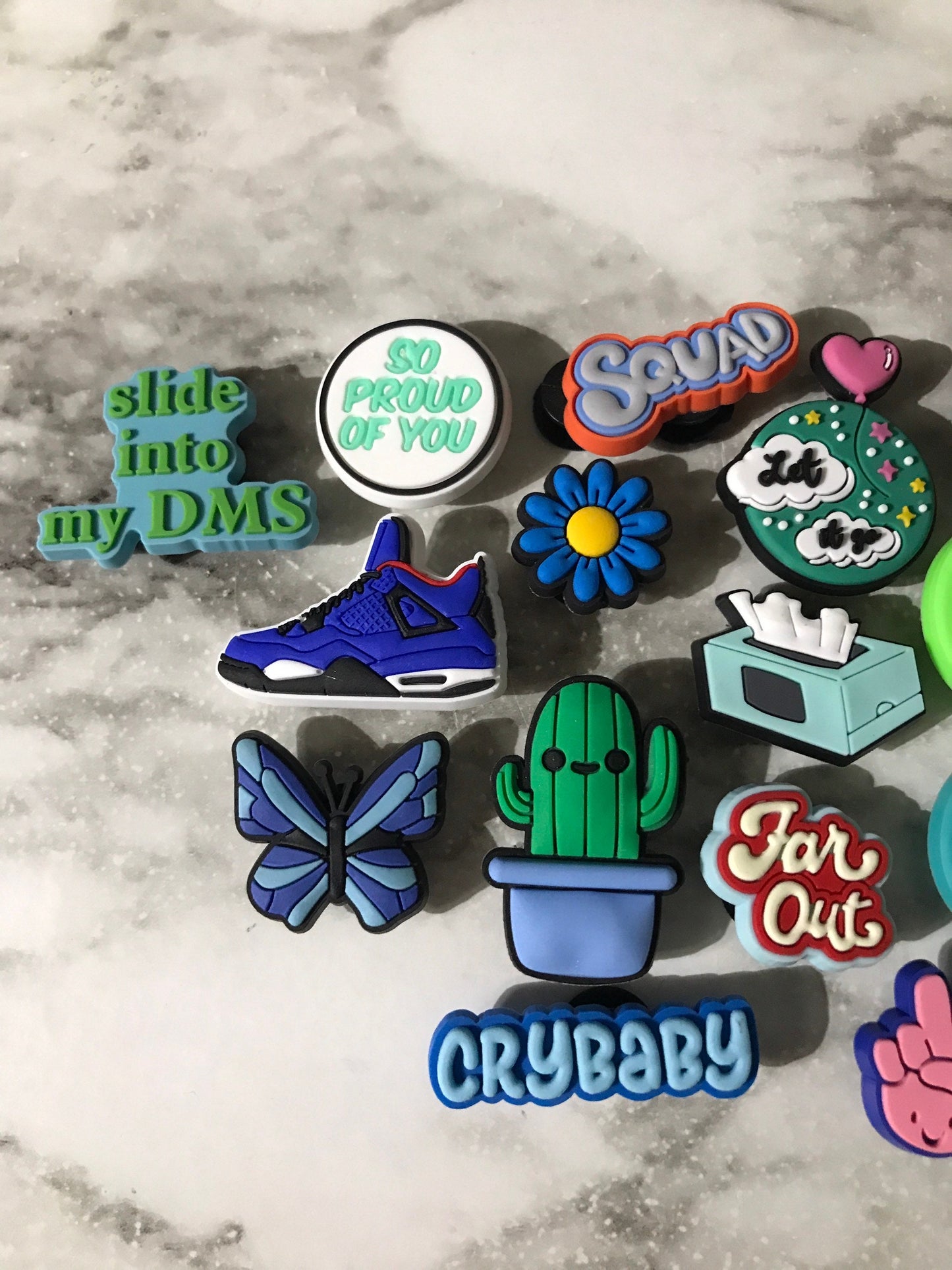 Green and blue Croc compatible shoe charms, slide into my dms shoe charm, popular tissue charms, green cactus charm, peace charm, blue charm