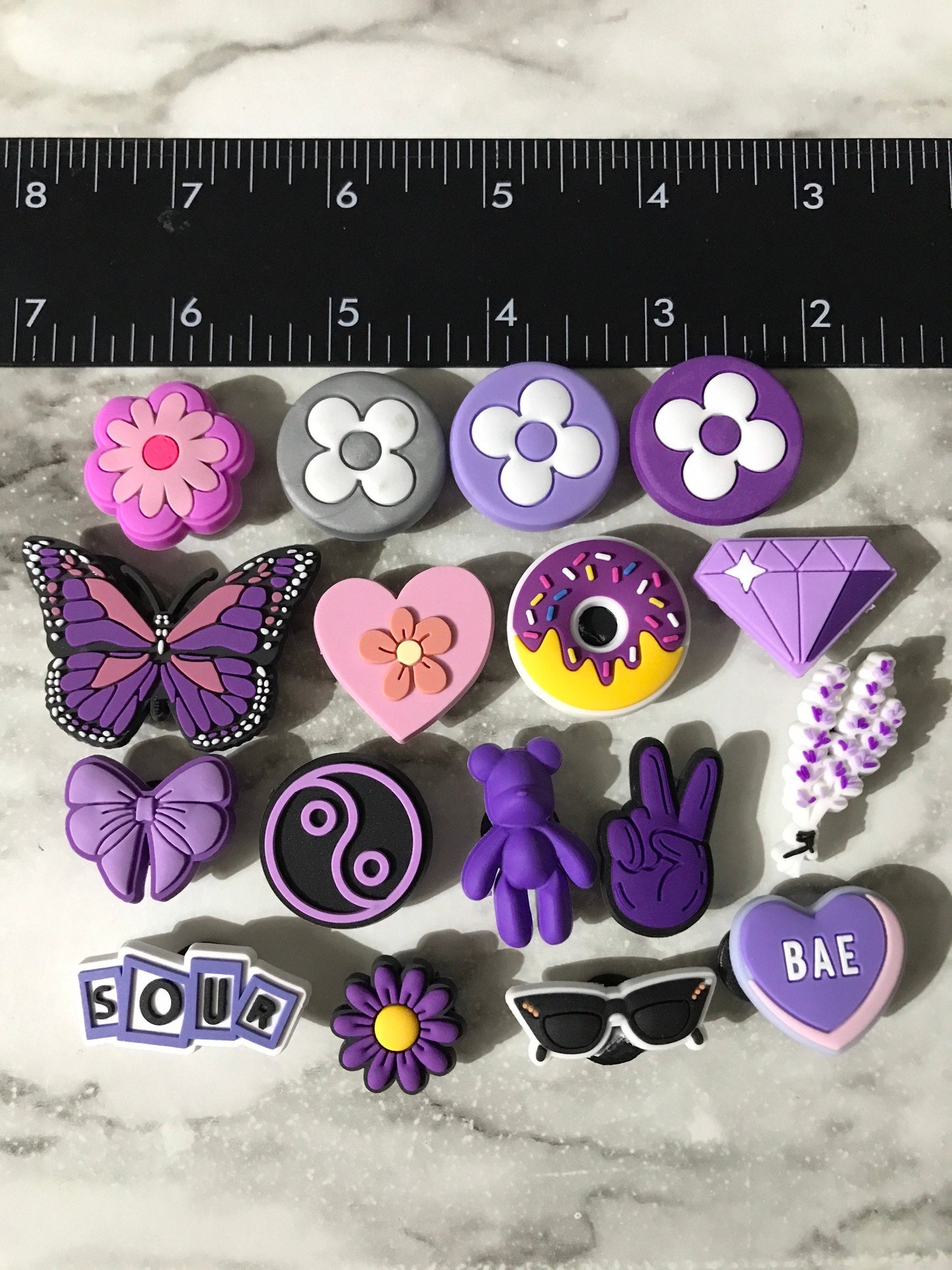 Shades of Purples Croc compatible shoe charms, clog compatible shoe charms, trending charms, butterflies, bar heart, peace, Diamond, flowers