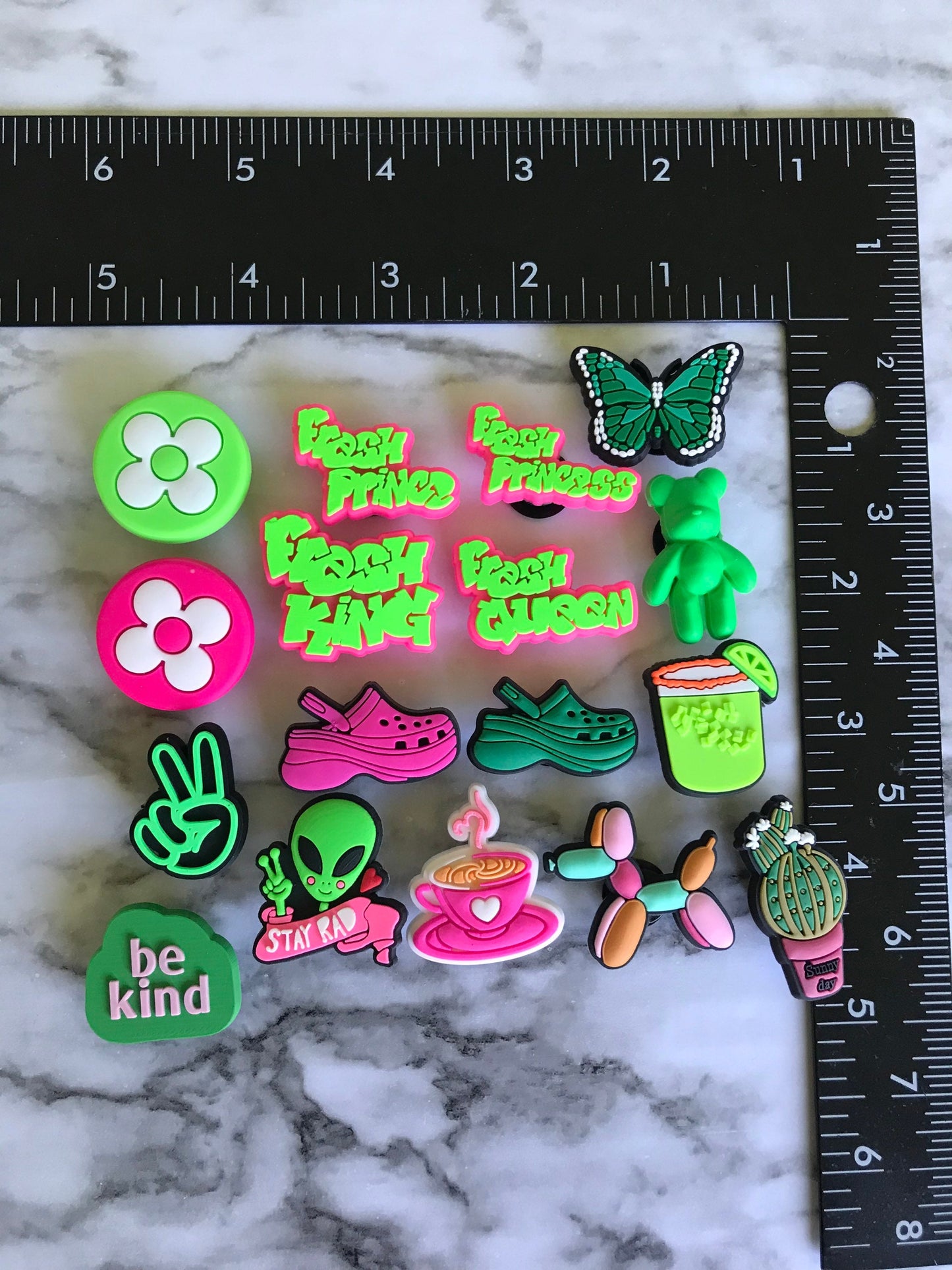 New hot pink and bright green croc compatible shoe charms, charms for your crocs, trending shoe charms, cute new clog compatible charms