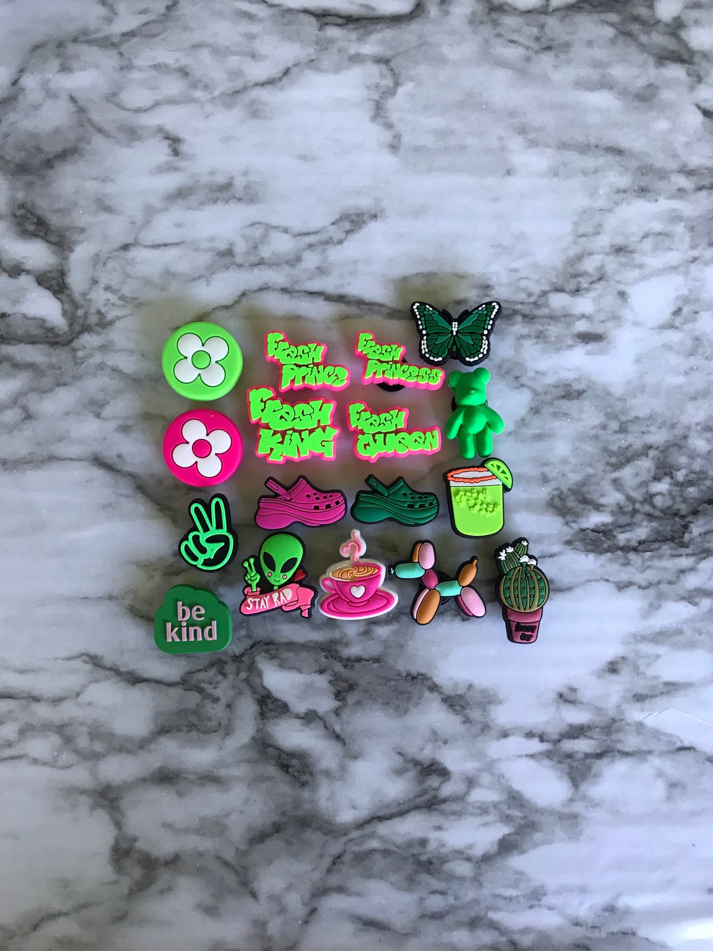 New hot pink and bright green croc compatible shoe charms, charms for your crocs, trending shoe charms, cute new clog compatible charms