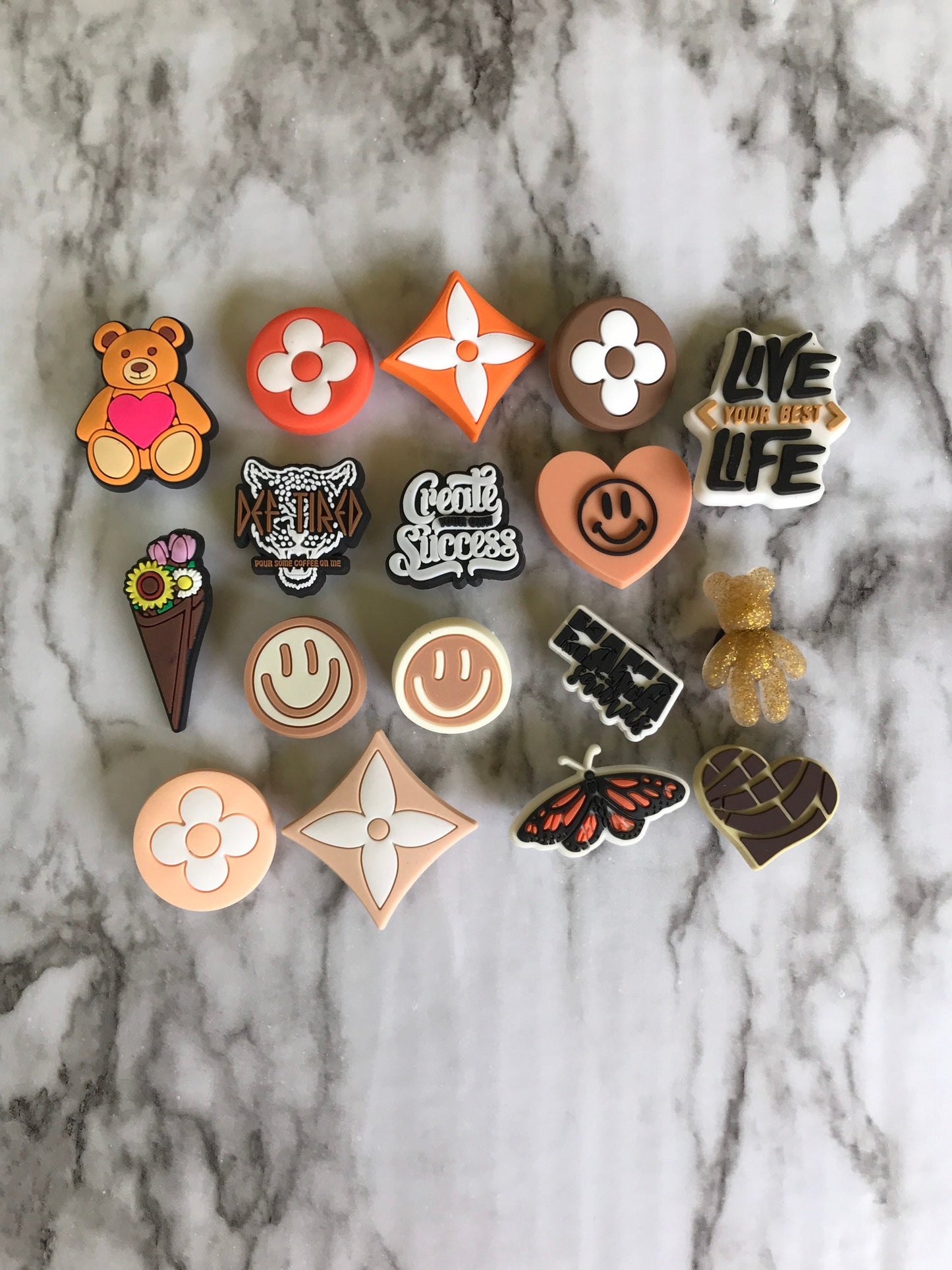 New trending neutral charms for your crocs, orange and brown clog charms, croc compatible shoe charms, smiley face charms, flower charms