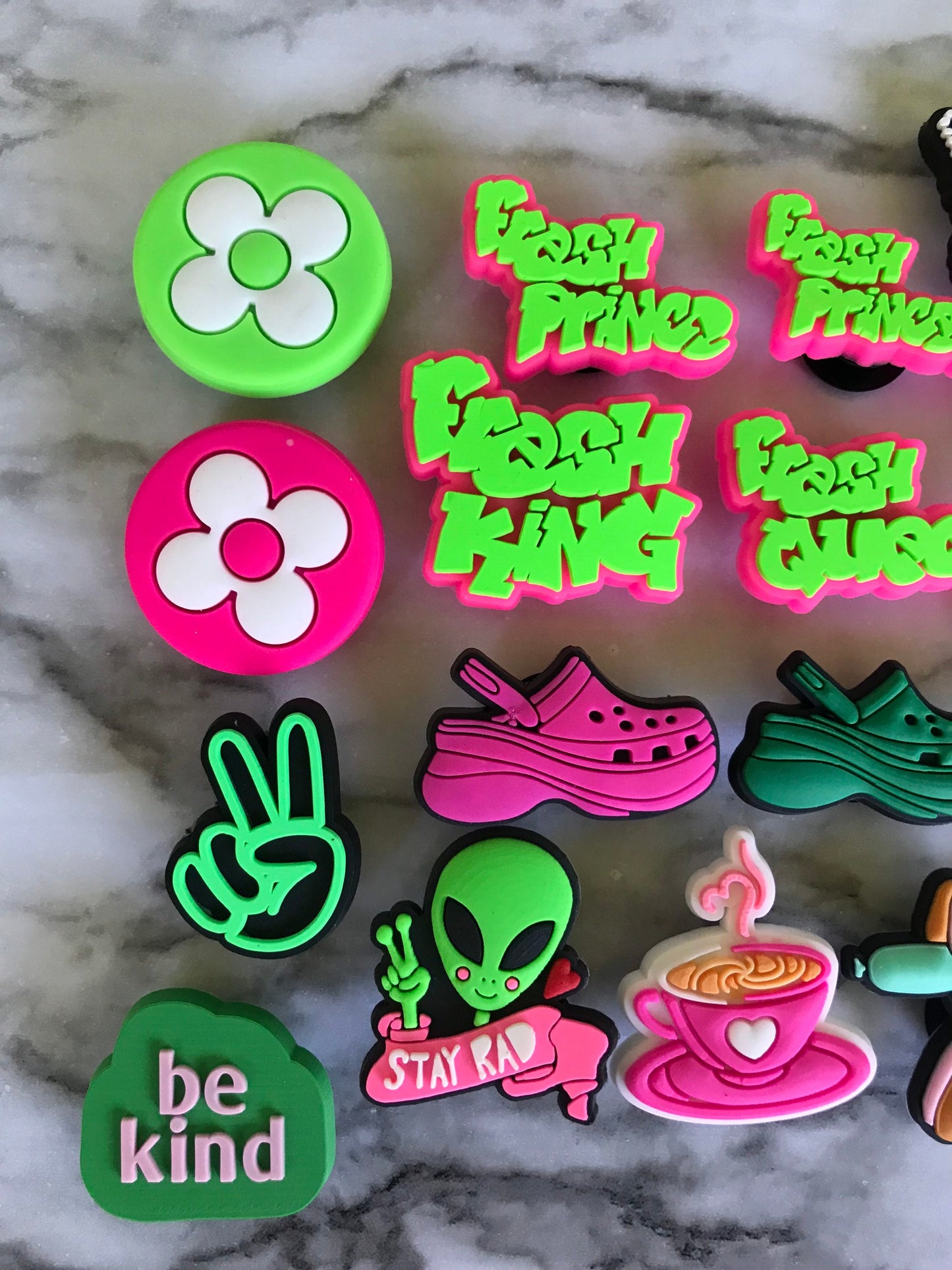 New hot pink and bright green croc compatible shoe charms, charms for your crocs, trending shoe charms, cute new clog compatible charms