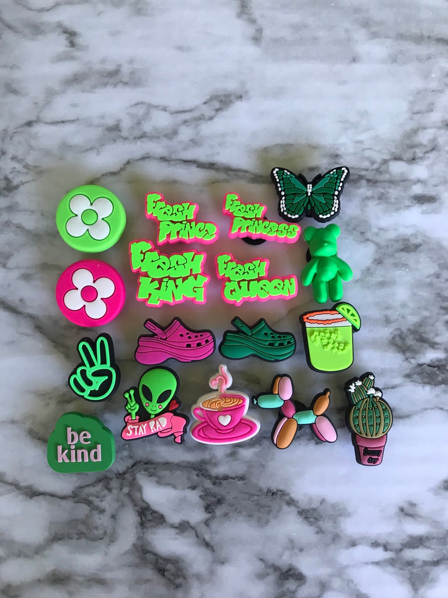 New hot pink and bright green croc compatible shoe charms, charms for your crocs, trending shoe charms, cute new clog compatible charms