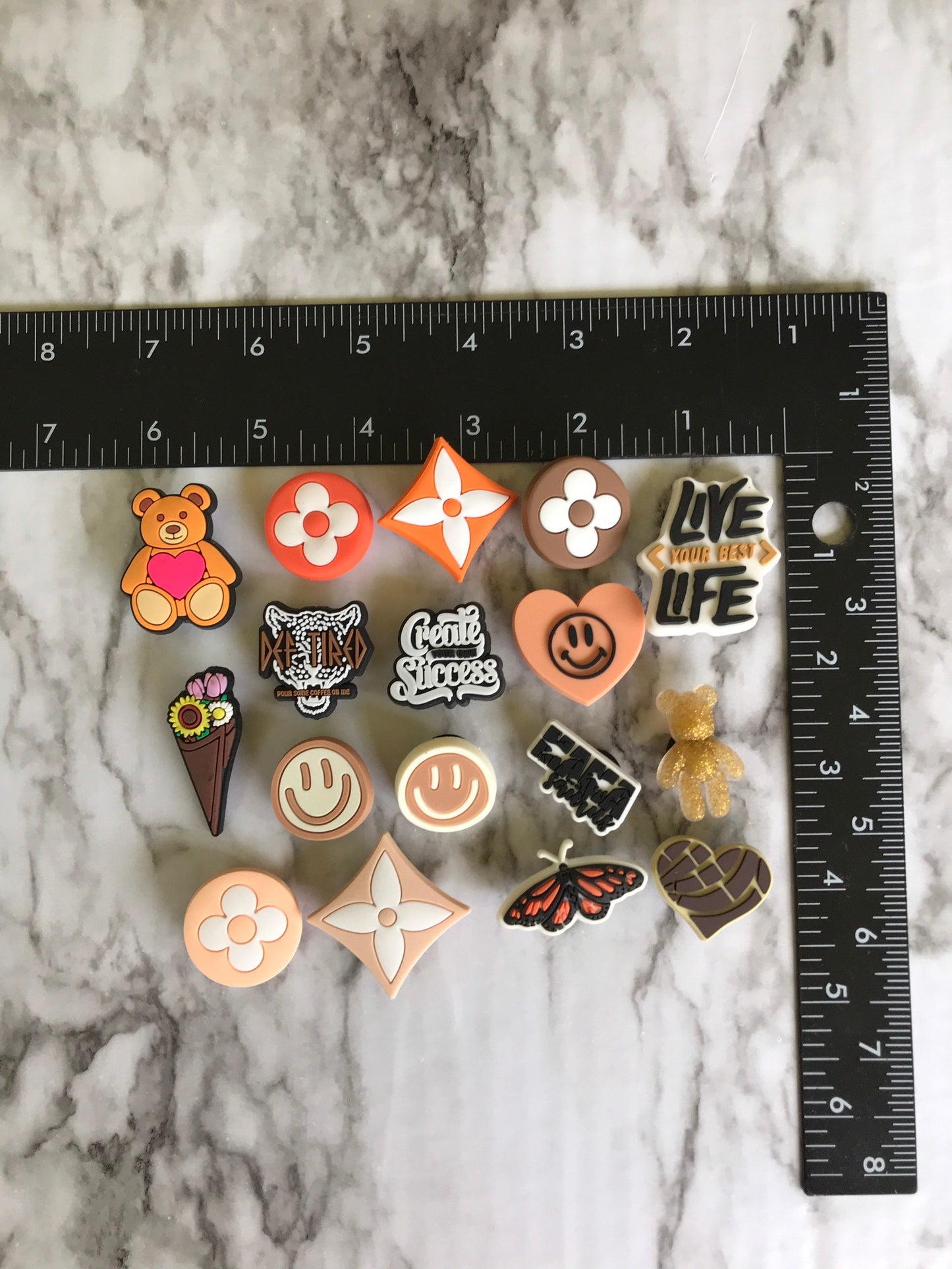 New trending neutral charms for your crocs, orange and brown clog charms, croc compatible shoe charms, smiley face charms, flower charms