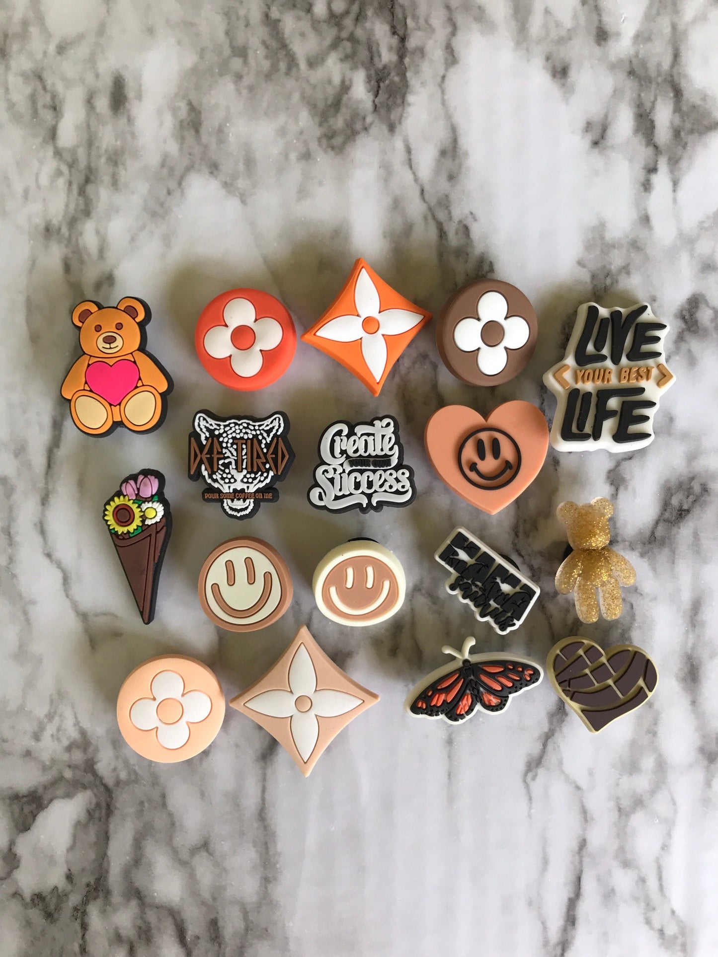 New trending neutral charms for your crocs, orange and brown clog charms, croc compatible shoe charms, smiley face charms, flower charms