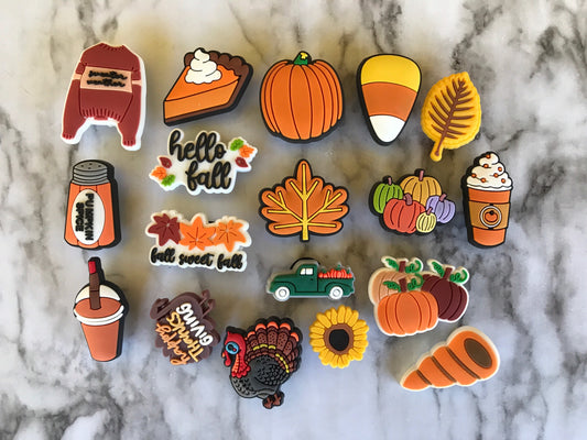 New trending fall shoe charms for your crocs, popular autumn croc compatible clog charms, fall colored shoe charms, sweater weather charms