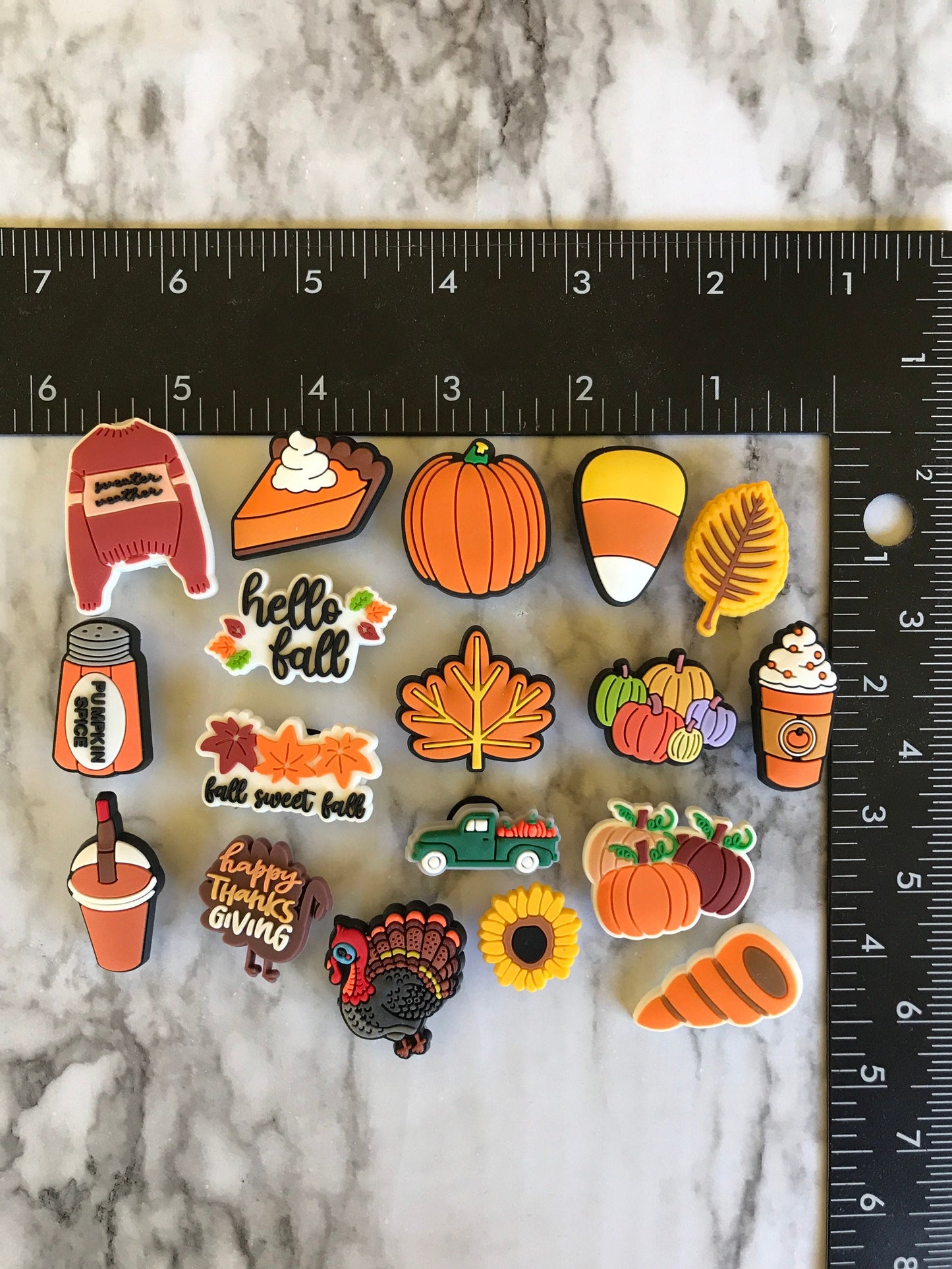 New trending fall shoe charms for your crocs, popular autumn croc compatible clog charms, fall colored shoe charms, sweater weather charms