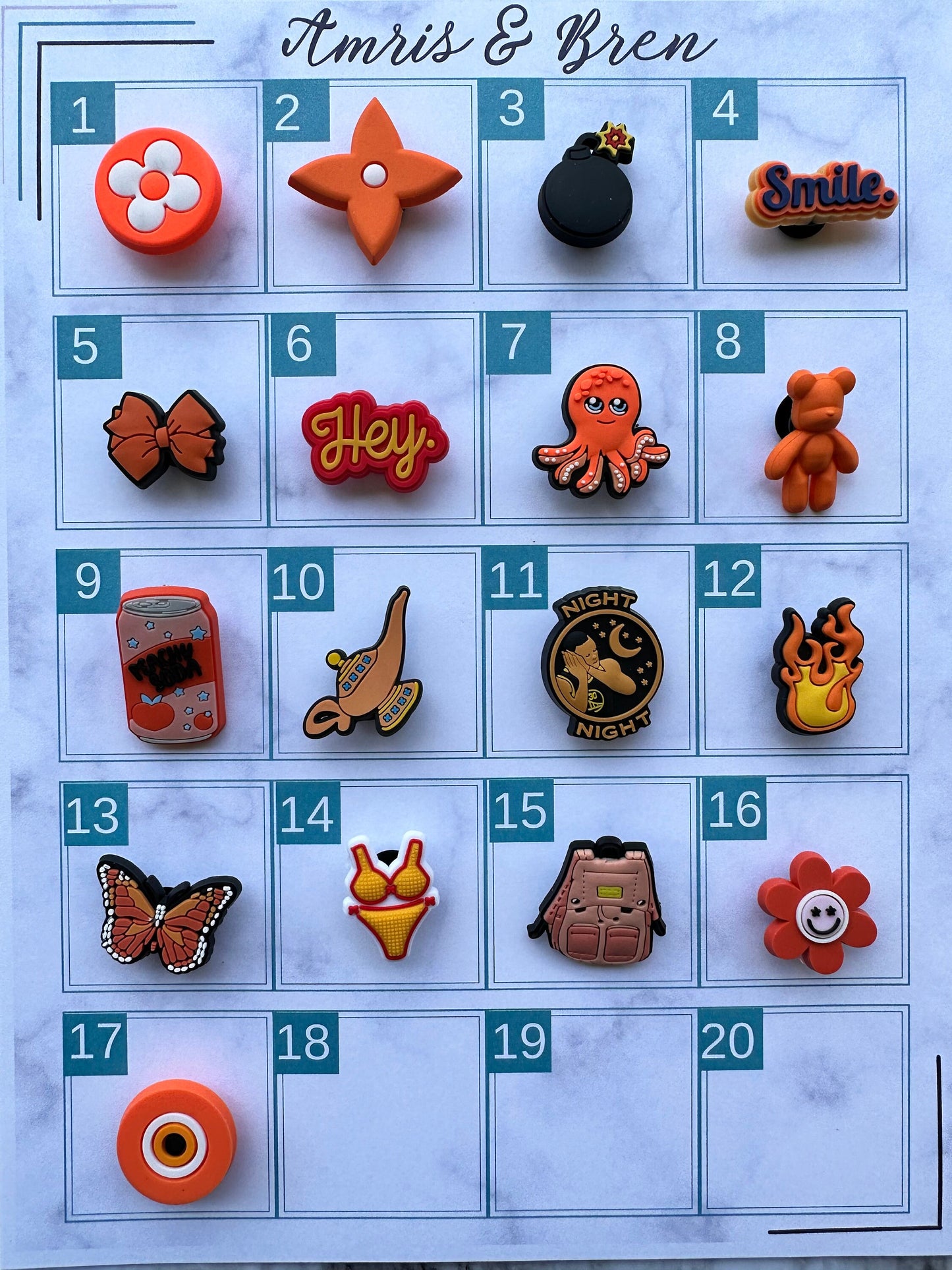 Orange themed shoe charms, croc compatible shoe charms, orange bear shoe charms, orange octopus charm, orange butterfly, orange flames