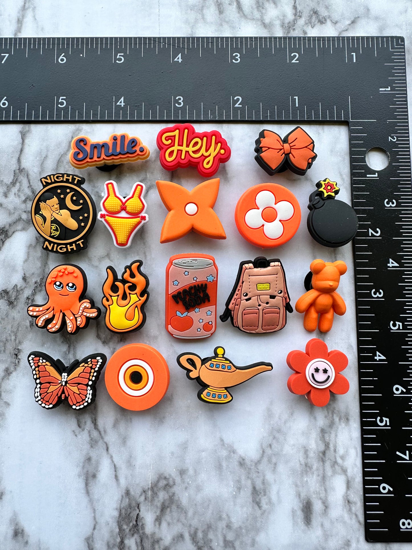 Orange themed shoe charms, croc compatible shoe charms, orange bear shoe charms, orange octopus charm, orange butterfly, orange flames