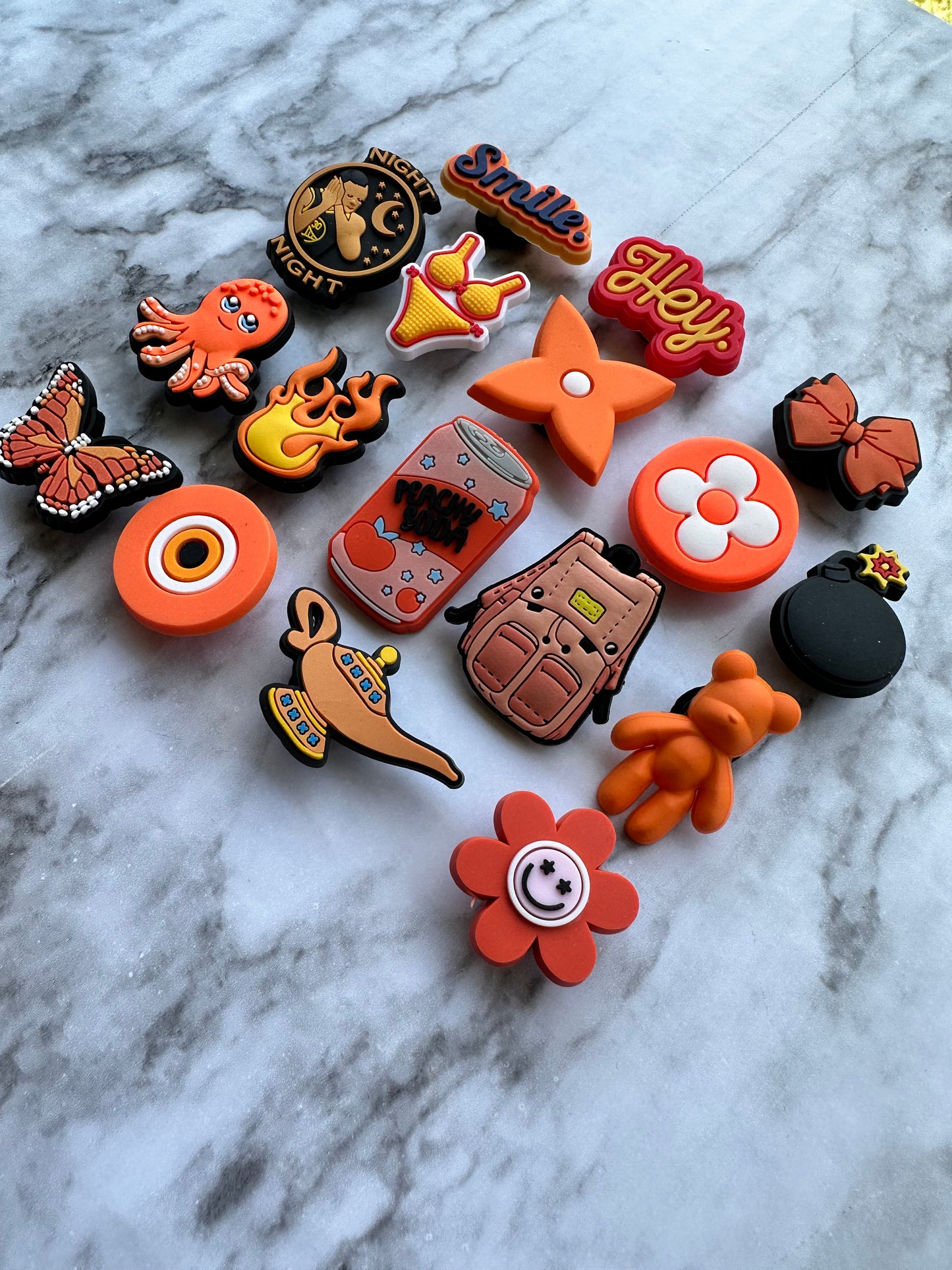 Orange themed shoe charms, croc compatible shoe charms, orange bear shoe charms, orange octopus charm, orange butterfly, orange flames