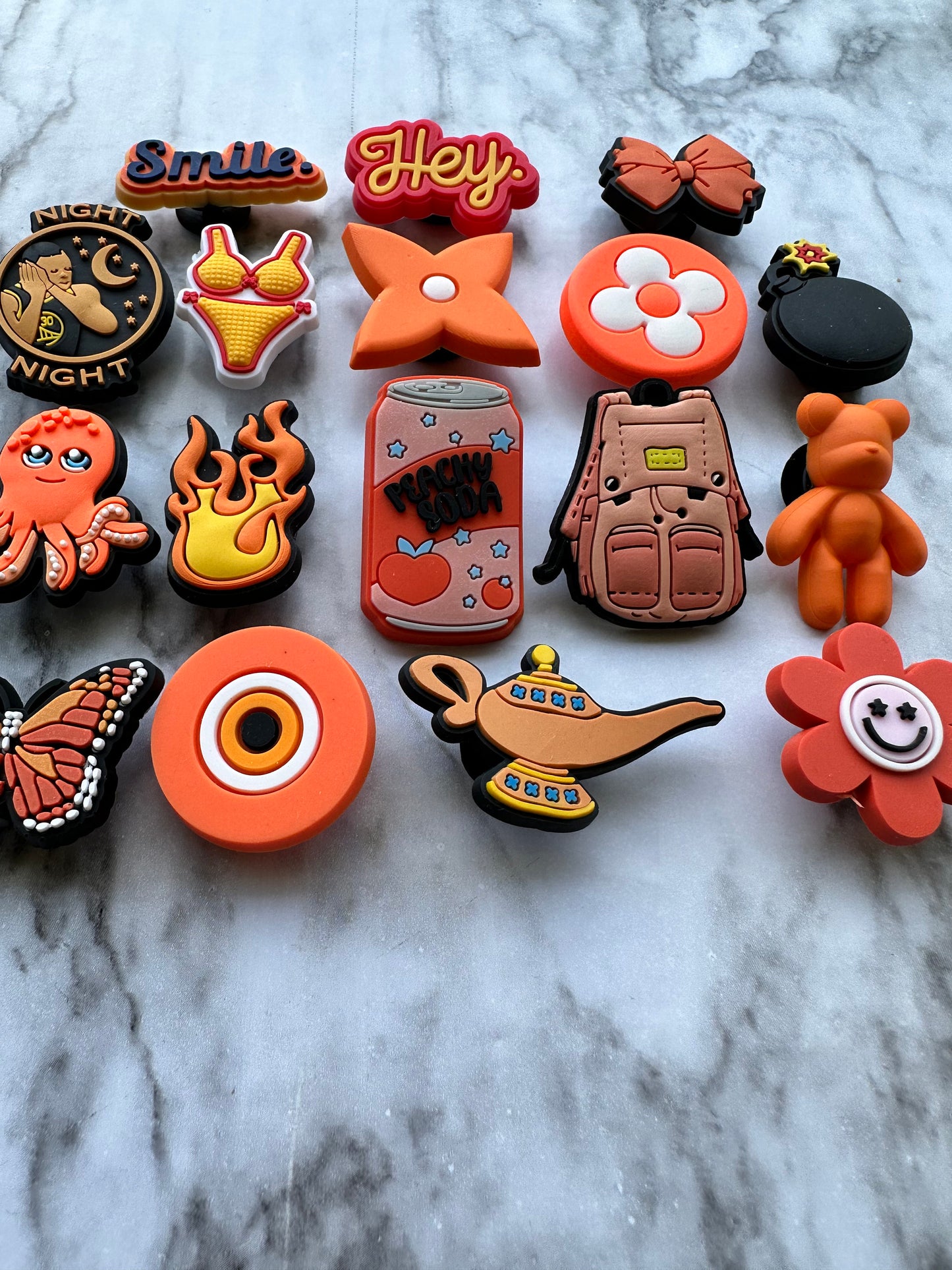 Orange themed shoe charms, croc compatible shoe charms, orange bear shoe charms, orange octopus charm, orange butterfly, orange flames