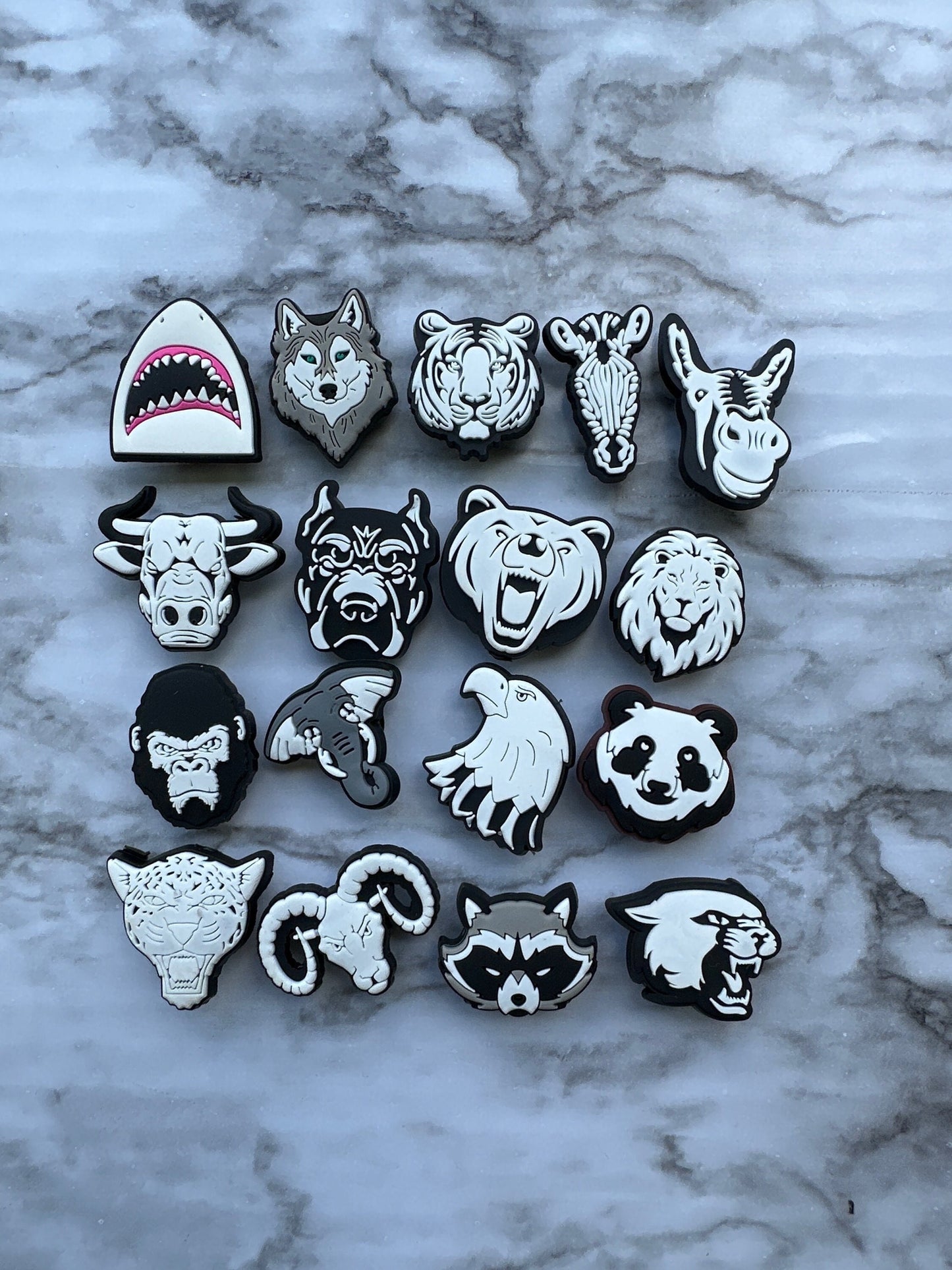 animal charms for crocs, mascot shoe charms, black and white animal charms, croc compatible charms, shoe charms for your crocs