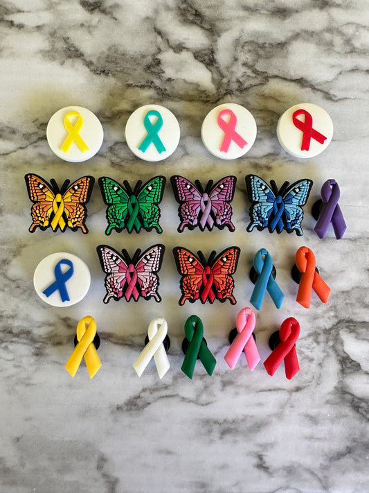 New awareness ribbon for your crocs, croc compatible awareness ribbons, pink ribbon, orange ribbon, green ribbon, purple ribbon, yellow