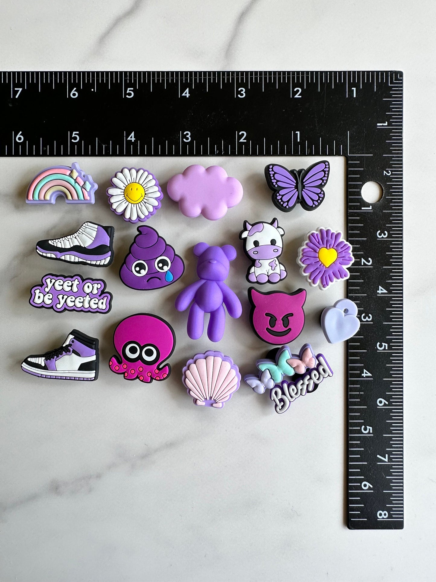 purple shoe charms for your crocs, Croc compatible shoe charms, emoji shoe charms for Crocs, purple cow charm, purple flower