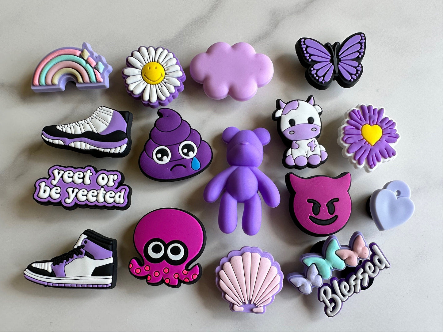 purple shoe charms for your crocs, Croc compatible shoe charms, emoji shoe charms for Crocs, purple cow charm, purple flower