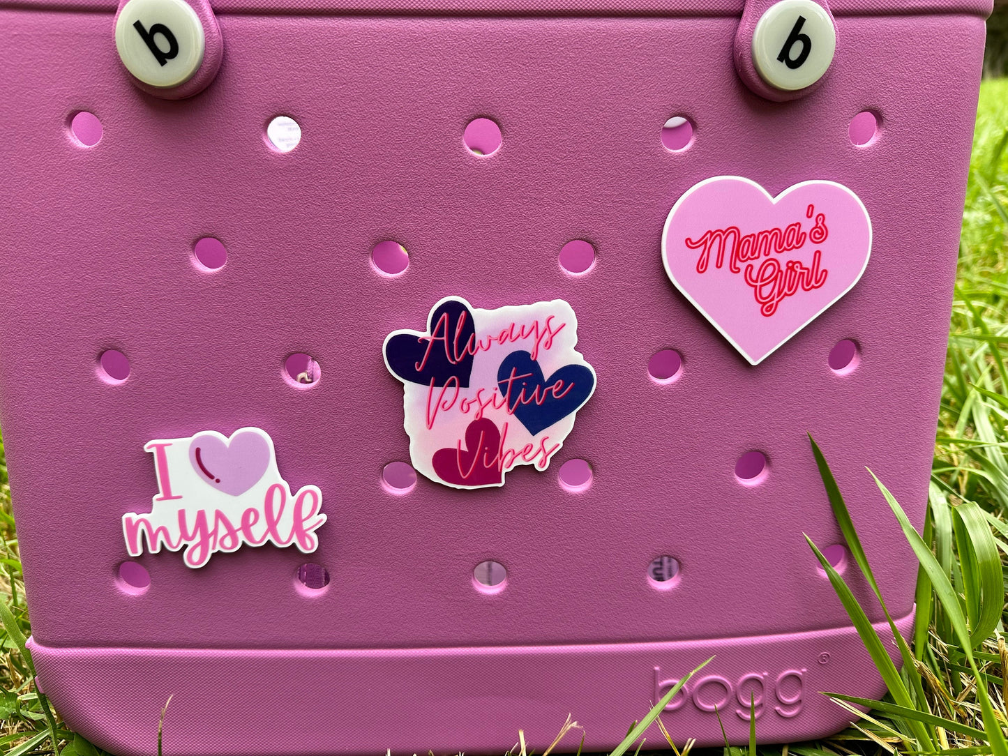 pink and purple bogg compatible charms, mama&#39;s girl charm for bogg bag, positive vibes, I love myself