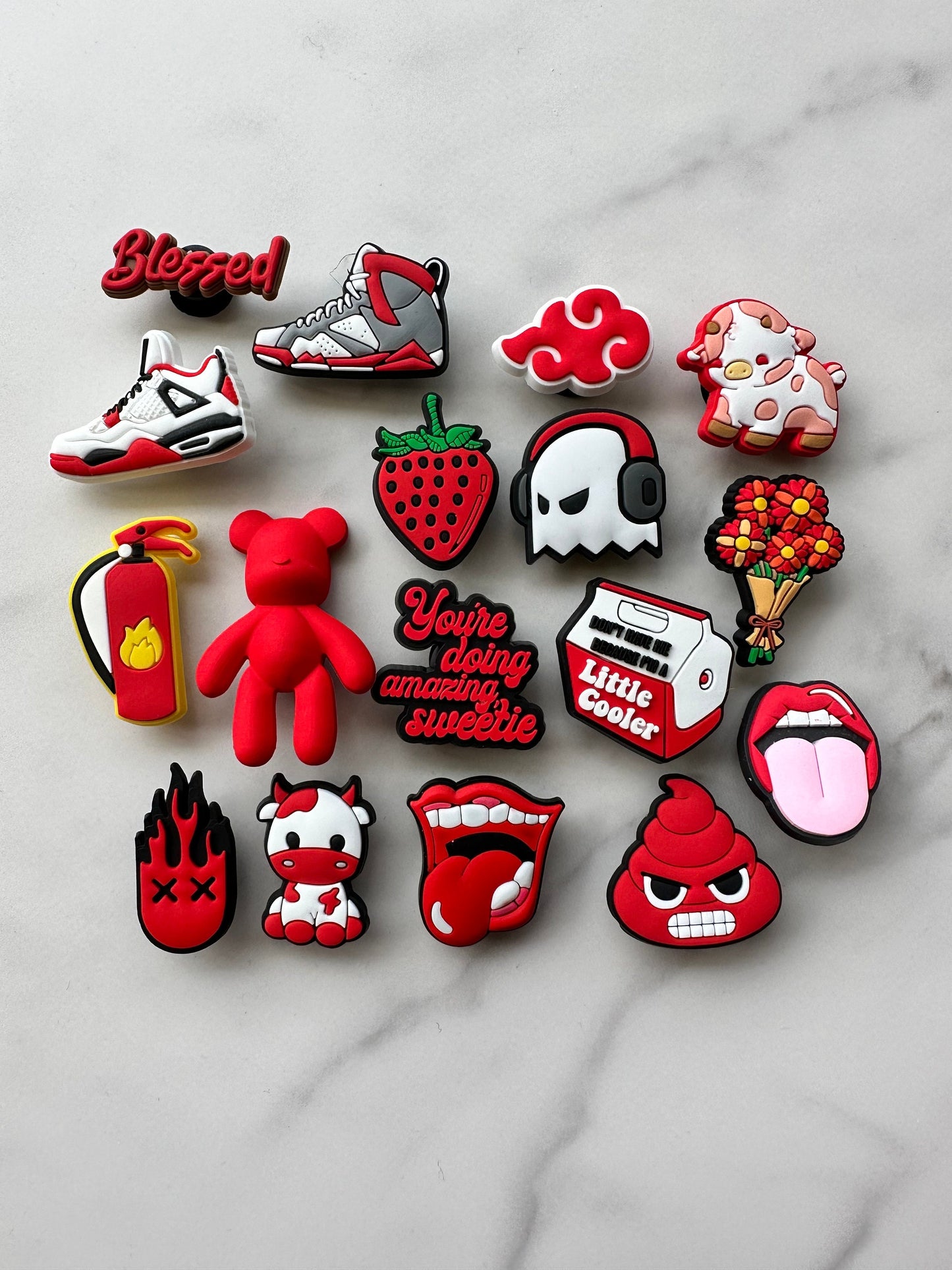 red shoe charms, croc compatible charms, pvc shoe charms, plastic charms for crocs, red charms for your crocs, bear shoe charms