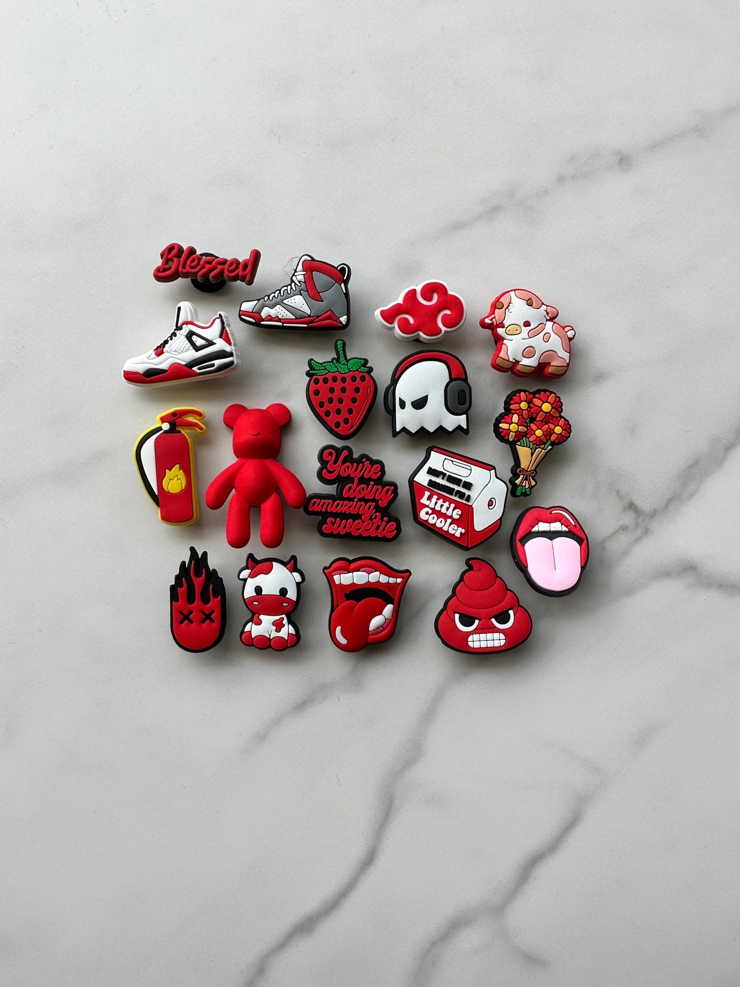 red shoe charms, croc compatible charms, pvc shoe charms, plastic charms for crocs, red charms for your crocs, bear shoe charms