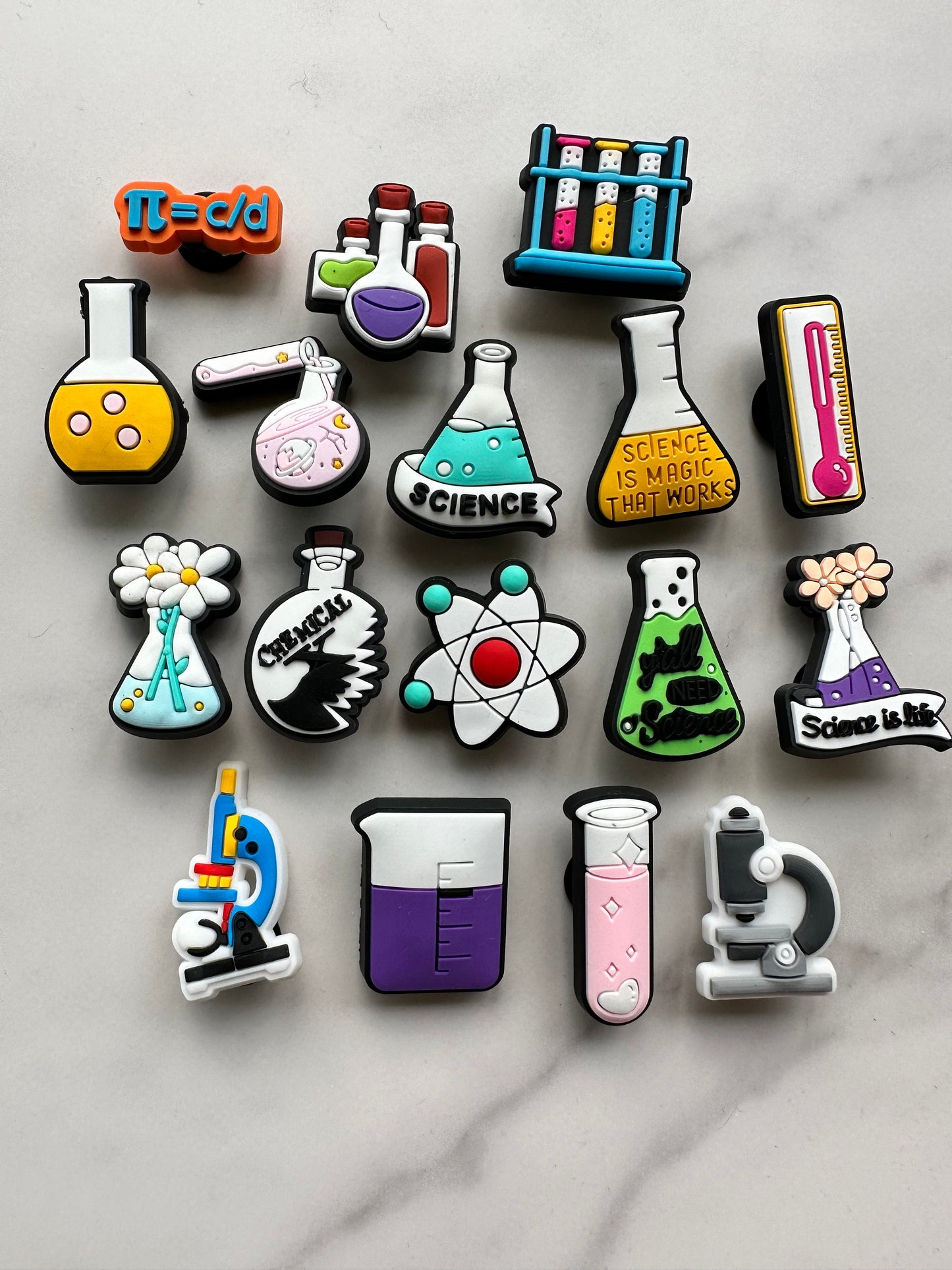 New science themed shoe charms for crocs, croc compatible shoe charms, beaker charms, microscope charms