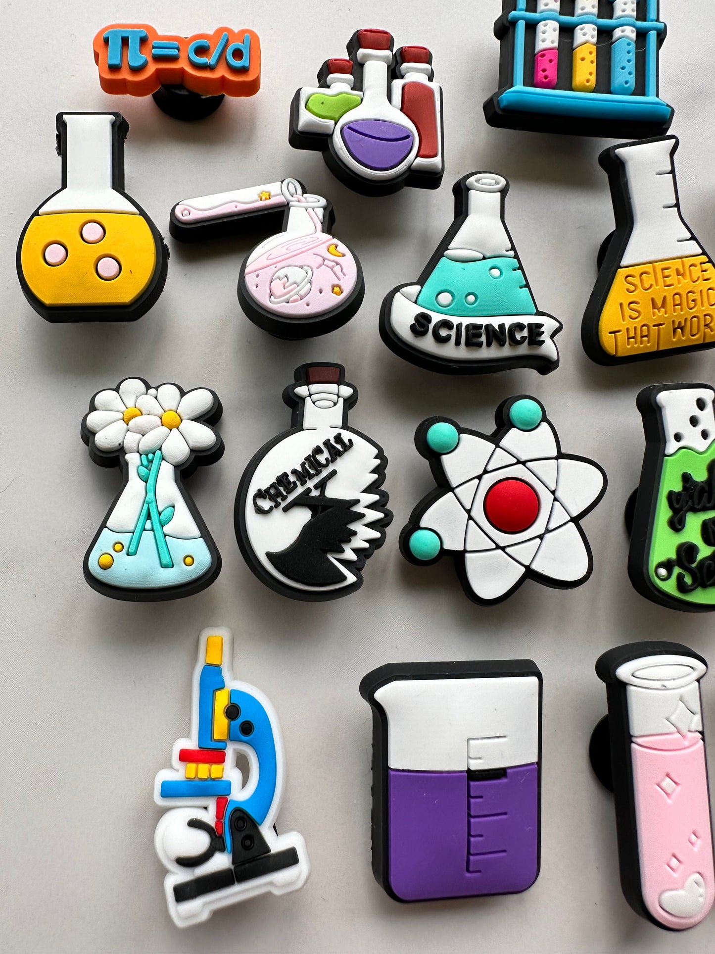 New science themed shoe charms for crocs, croc compatible shoe charms, beaker charms, microscope charms