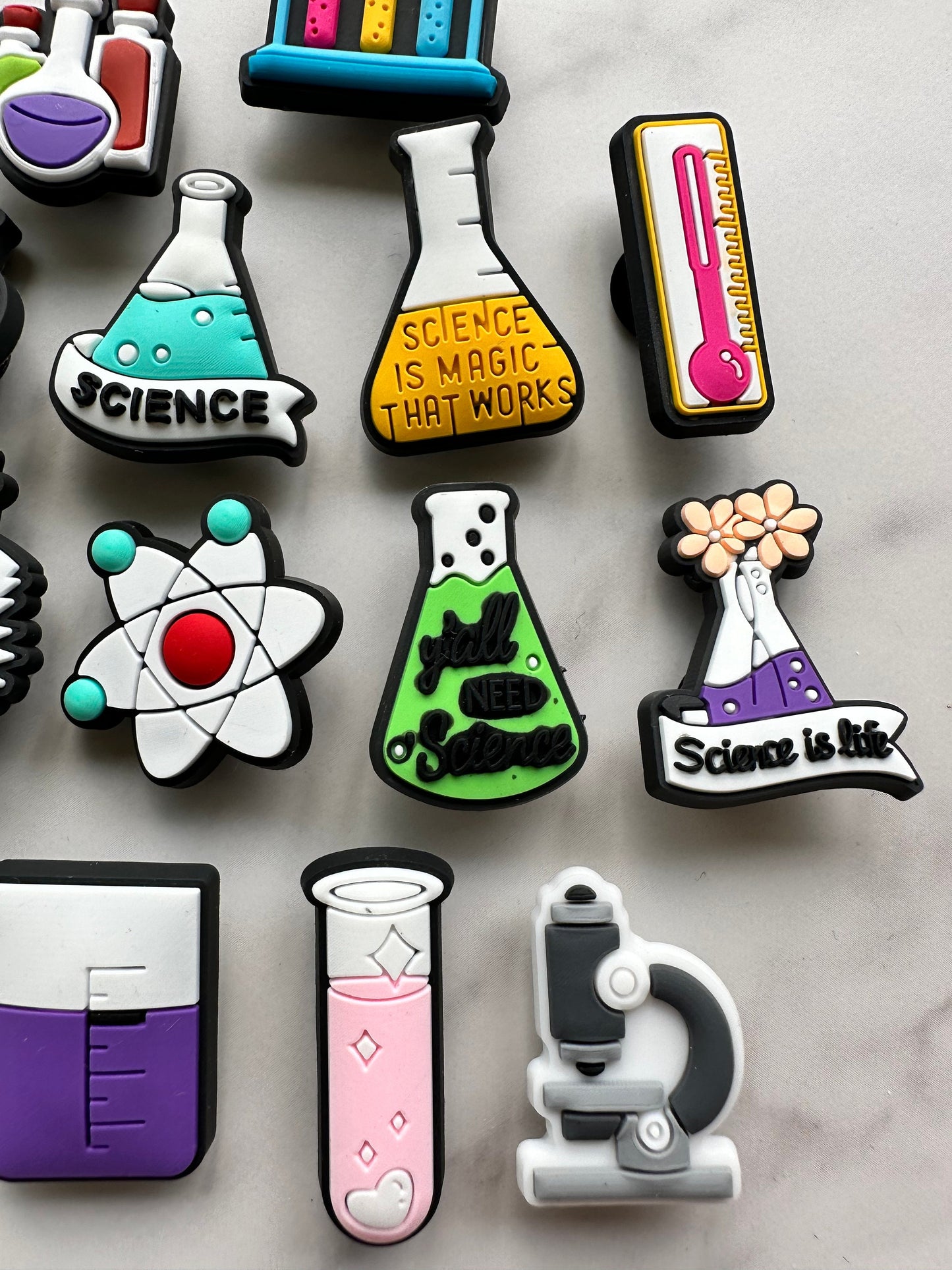 New science themed shoe charms for crocs, croc compatible shoe charms, beaker charms, microscope charms