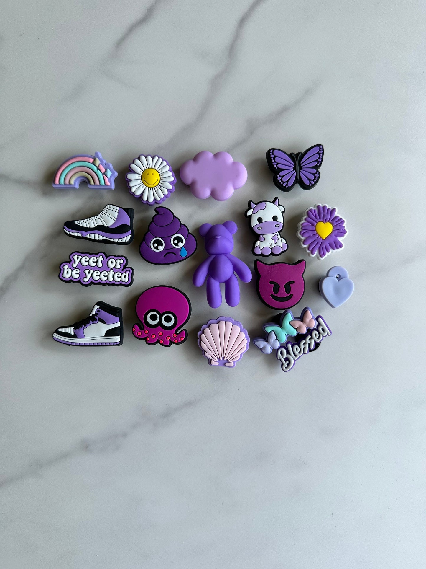 purple shoe charms for your crocs, Croc compatible shoe charms, emoji shoe charms for Crocs, purple cow charm, purple flower