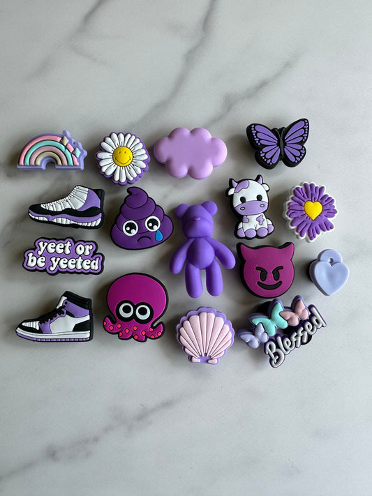 purple shoe charms for your crocs, Croc compatible shoe charms, emoji shoe charms for Crocs, purple cow charm, purple flower