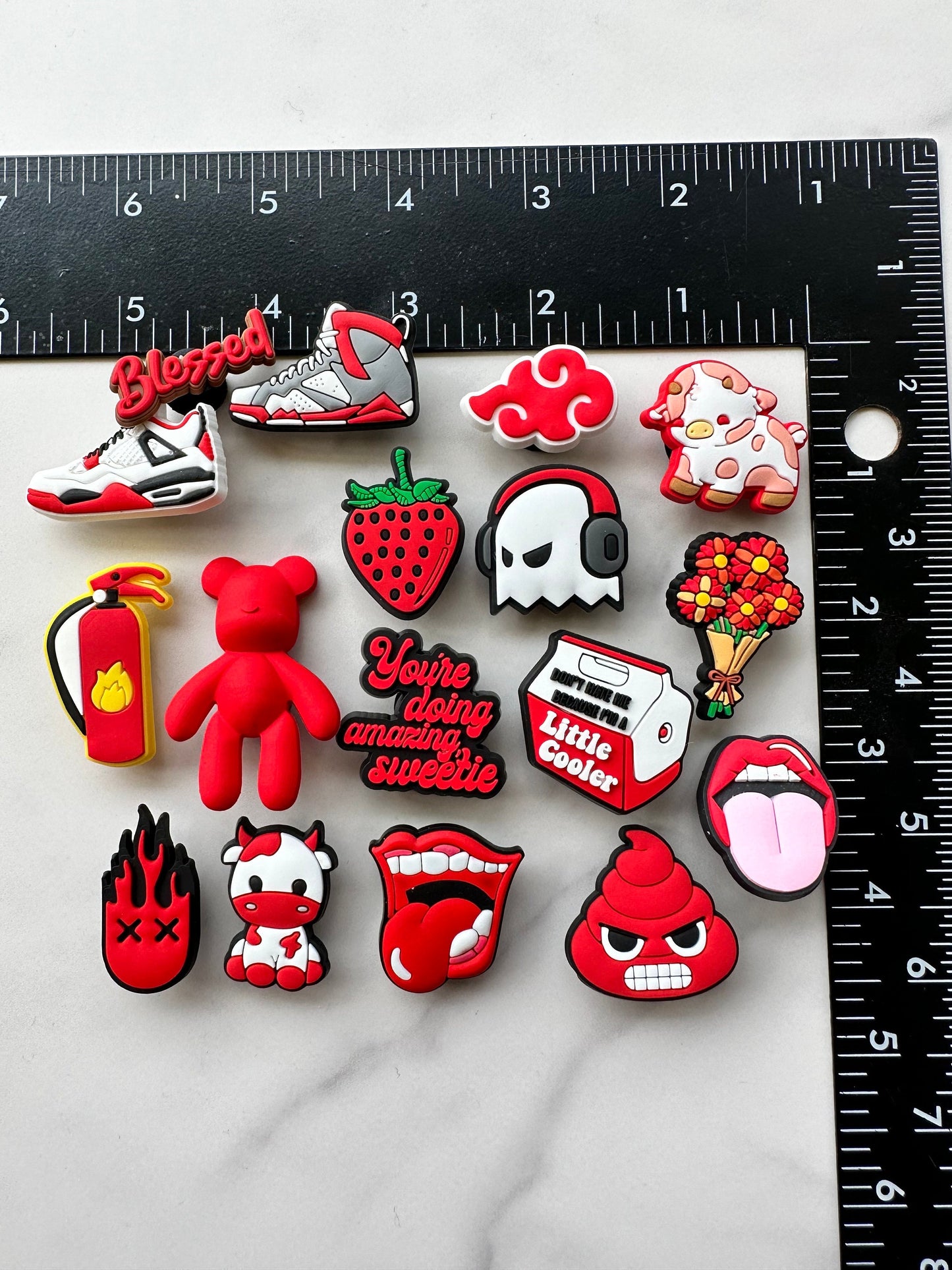 red shoe charms, croc compatible charms, pvc shoe charms, plastic charms for crocs, red charms for your crocs, bear shoe charms