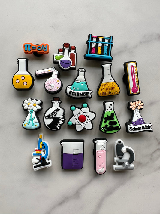 New science themed shoe charms for crocs, croc compatible shoe charms, beaker charms, microscope charms