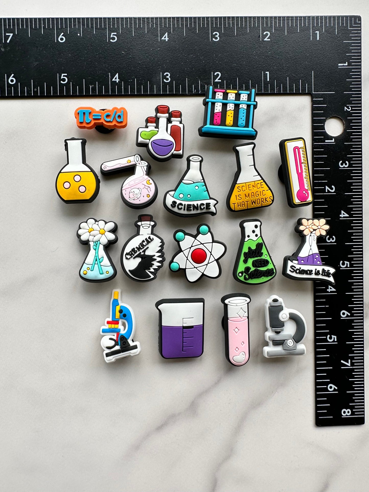 New science themed shoe charms for crocs, croc compatible shoe charms, beaker charms, microscope charms