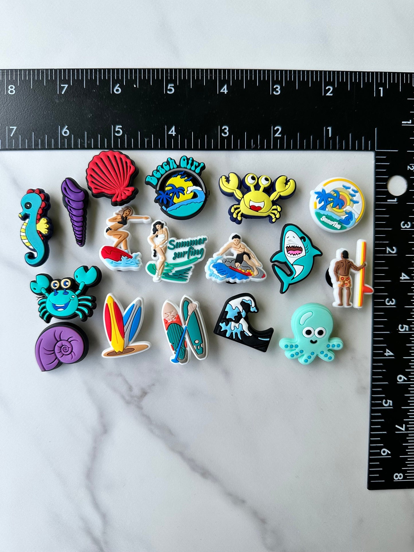 New trending summer and beach themed shoe charms for your crocs, beach shoe charms, popular summer charms, swimsuit charm, seashell charms